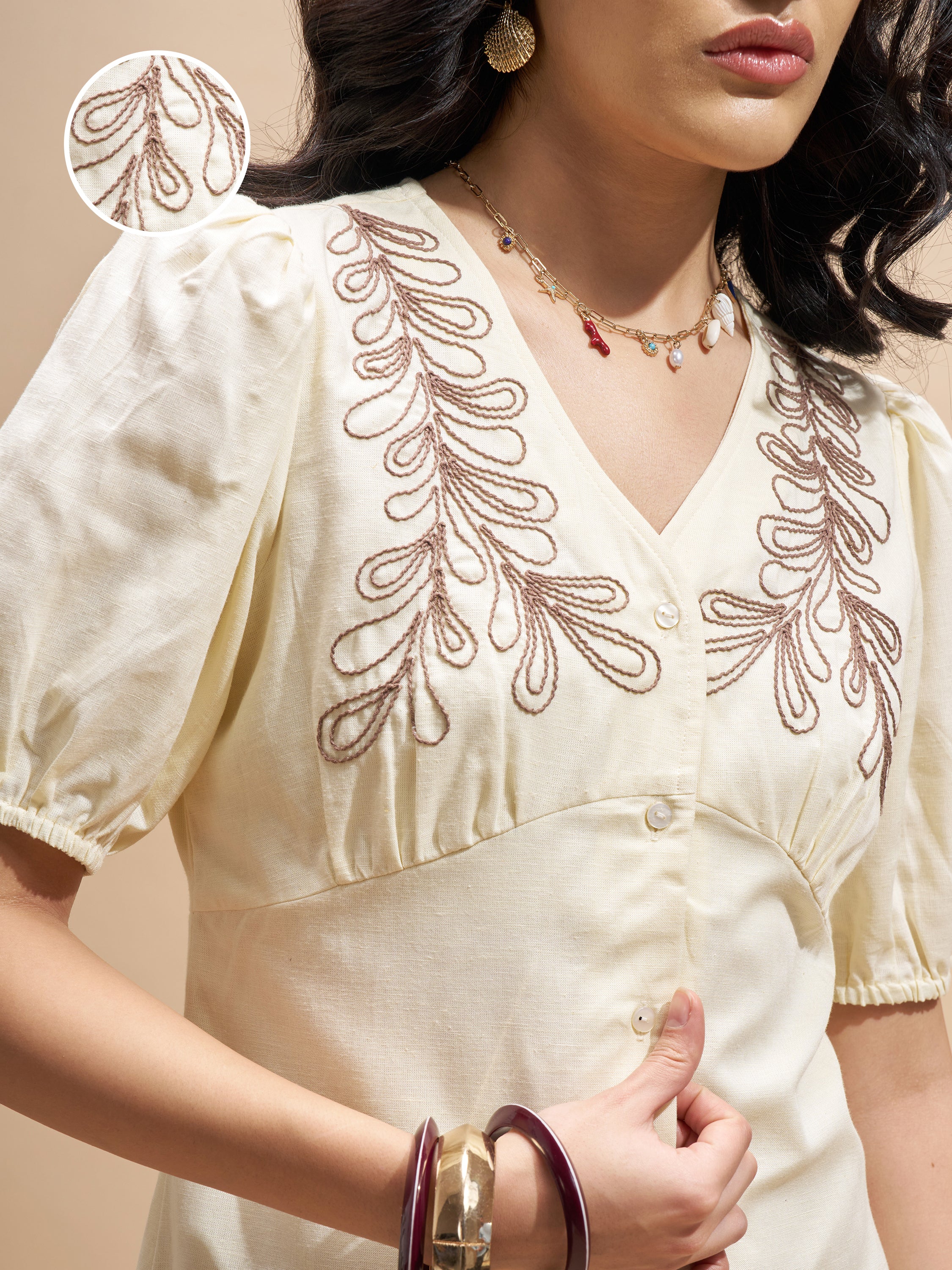 Vara By Vishudh Women Cream Embroidered Bodycon Dress - Cream - Image 5