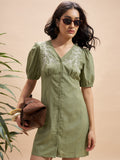 Vara By Vishudh Women Olive Embroidered Bodycon Dress - Olive - Image 1