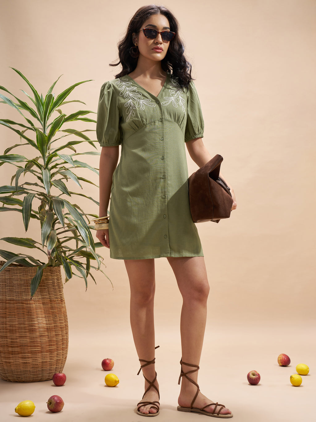 Vara By Vishudh Women Olive Embroidered Bodycon Dress - Olive - Image 2