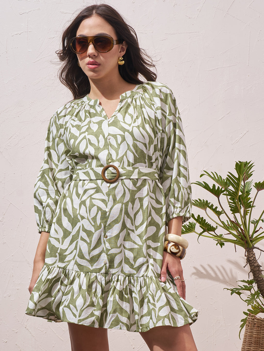Vara By Vishudh Women Green Printed Drop Waist Dress - Green - Image 1
