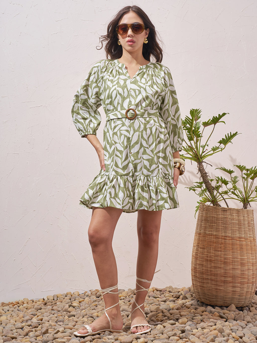 Vara By Vishudh Women Green Printed Drop Waist Dress - Green - Image 2