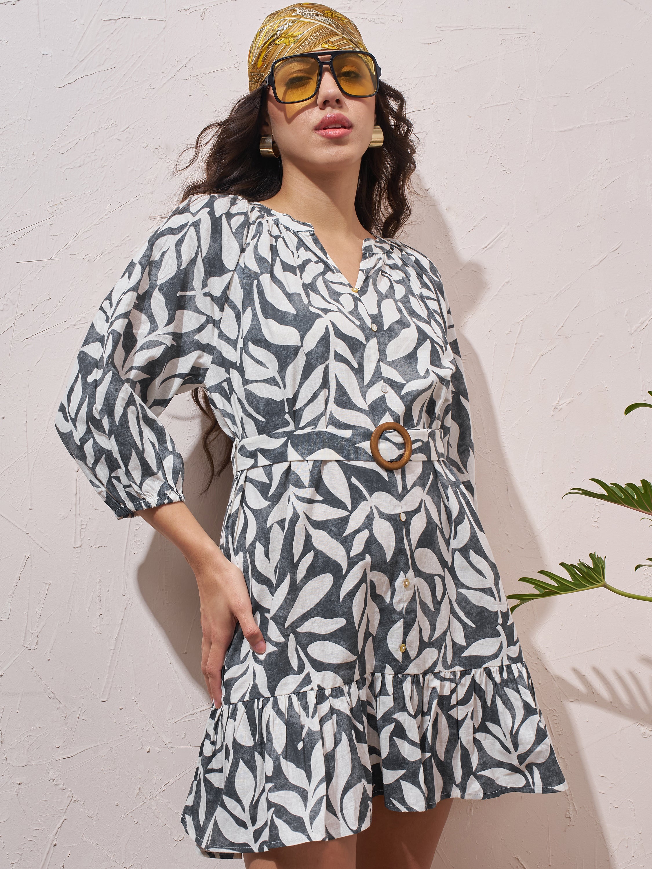 Vara By Vishudh Women Navy Blue Printed Drop Waist Dress - Navy Blue - Image 1