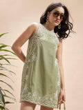 Vara By Vishudh Women Olive Embroidered A-Line Dress - Olive - Image 1