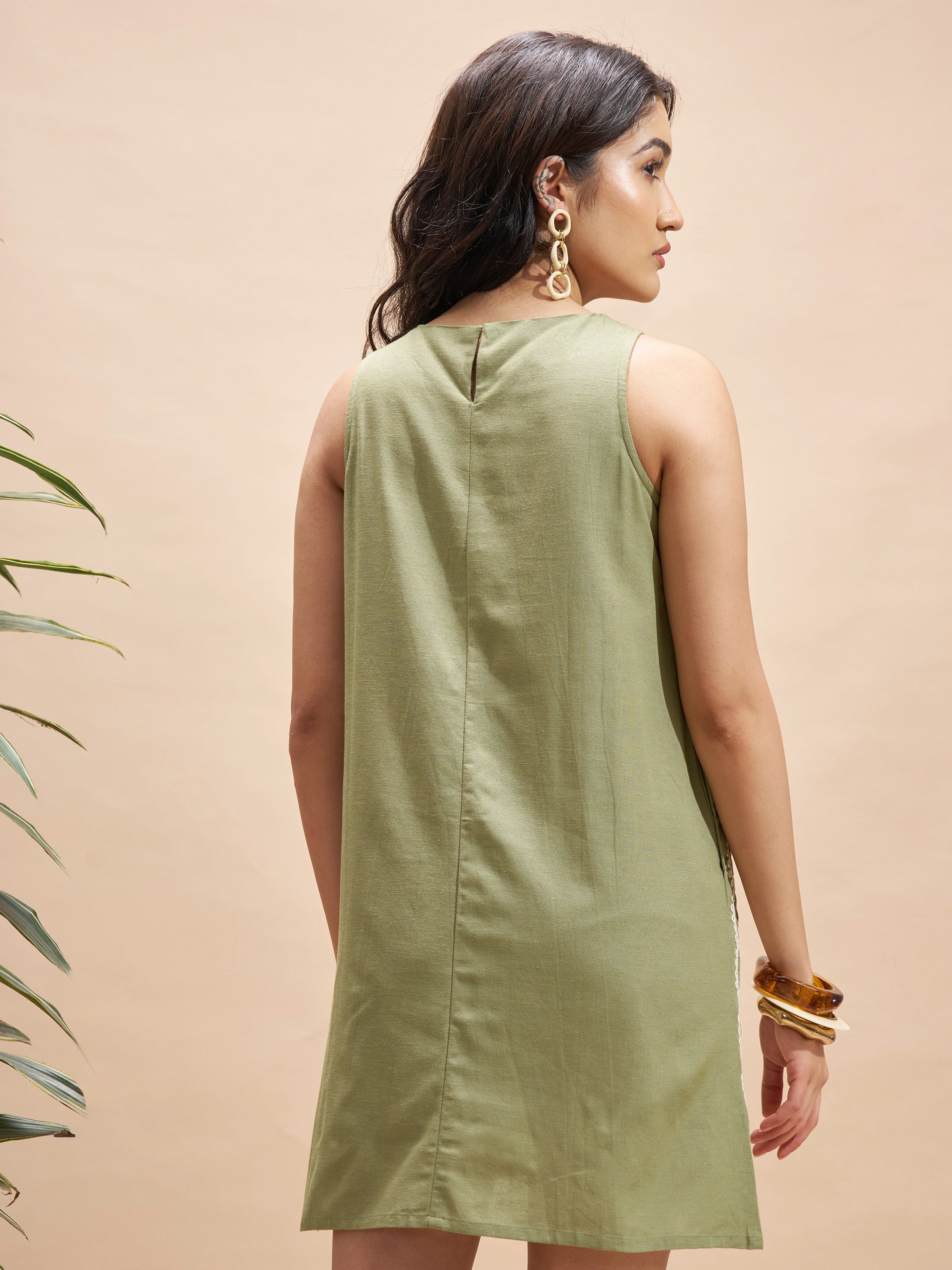 Vara By Vishudh Women Olive Embroidered A-Line Dress - Olive - Image 3
