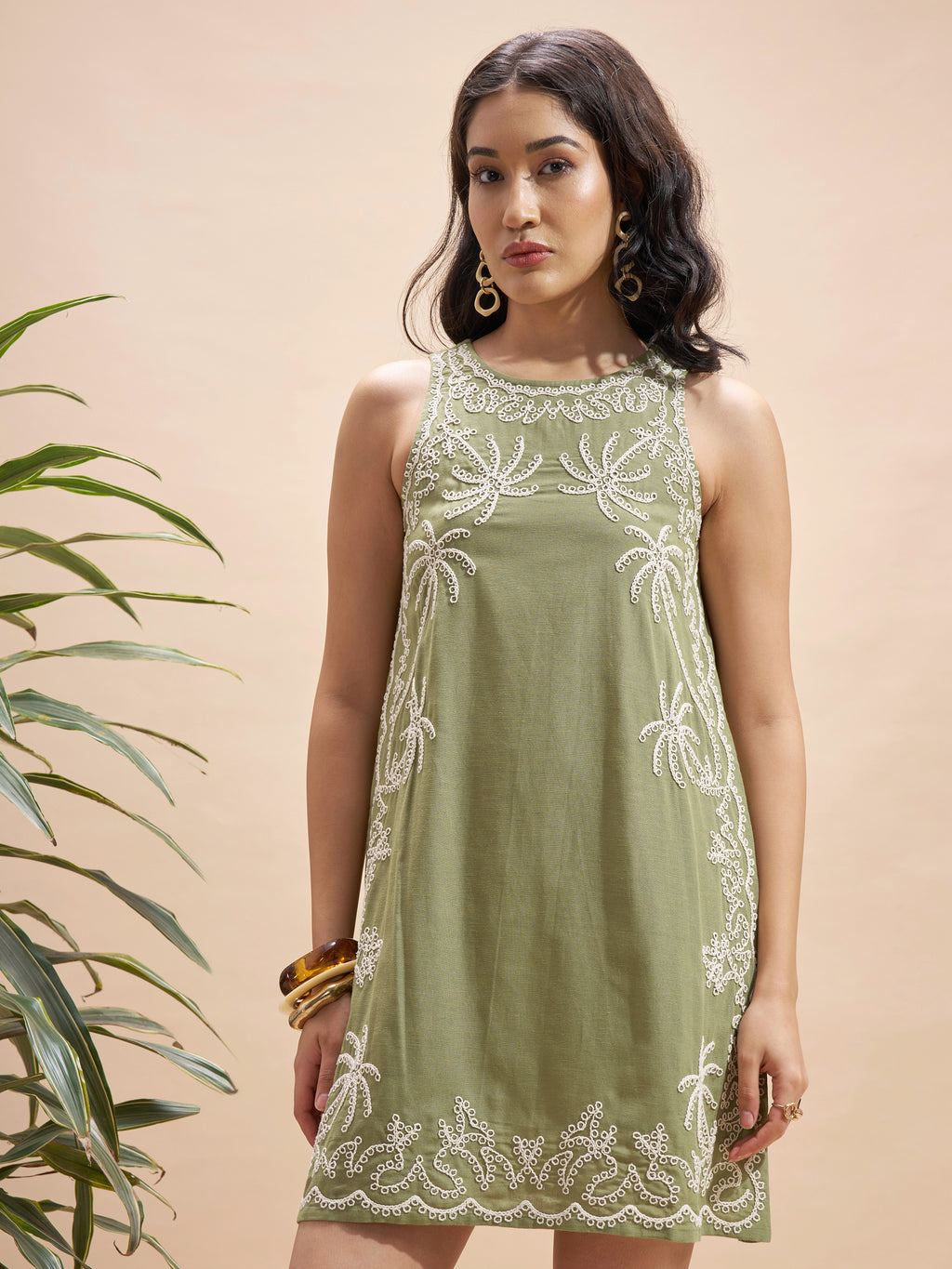 Vara By Vishudh Women Olive Embroidered A-Line Dress - Olive - Image 4