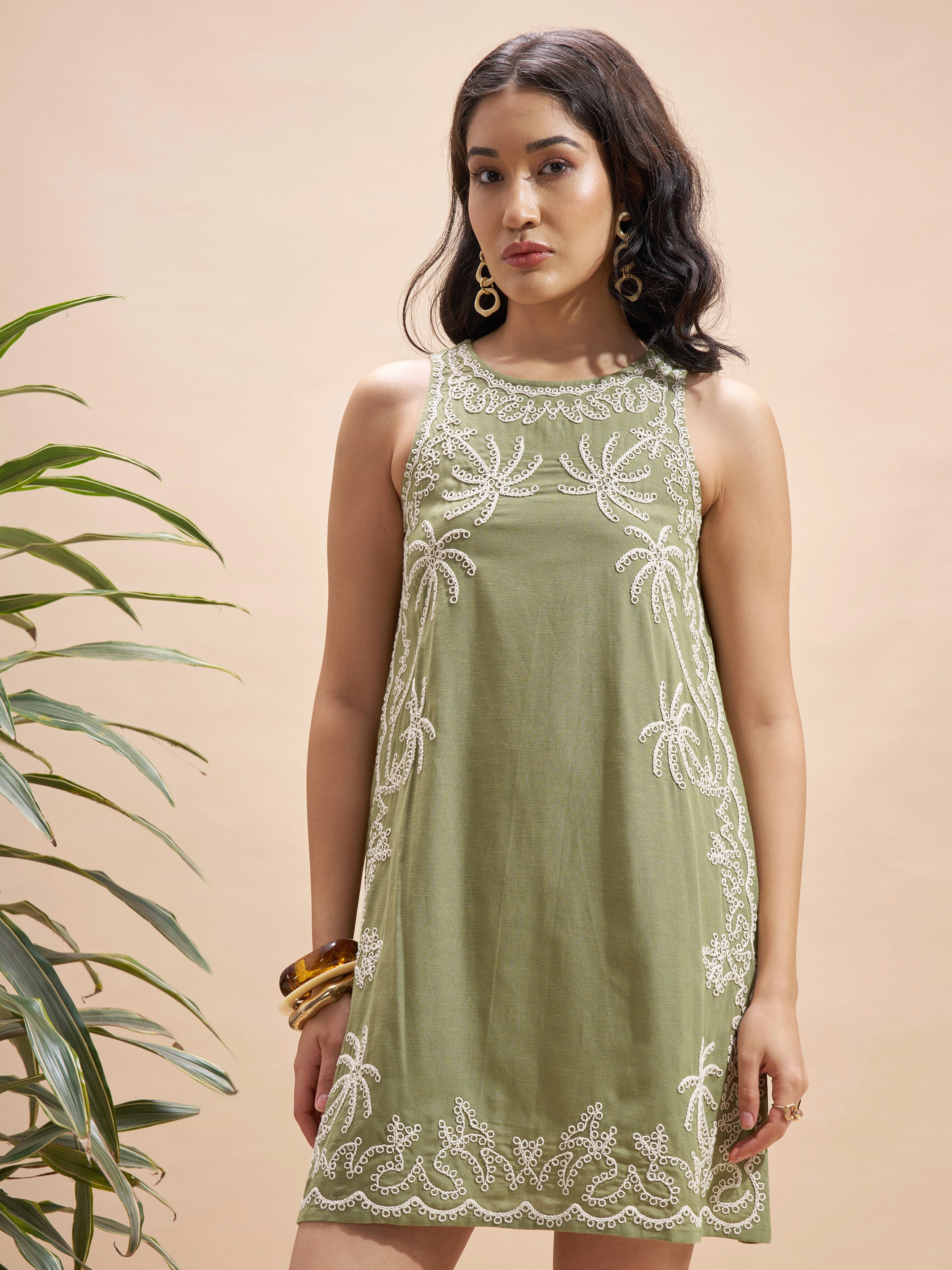 Vara By Vishudh Women Olive Embroidered A-Line Dress - Olive - Image 4