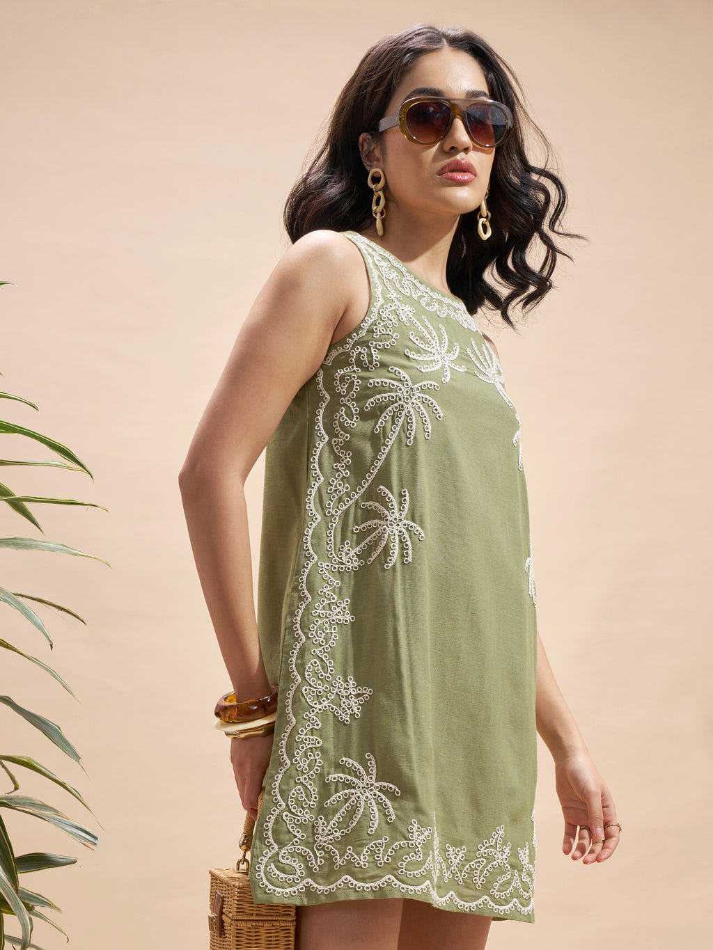 Vara By Vishudh Women Olive Embroidered A-Line Dress - Olive - Image 6