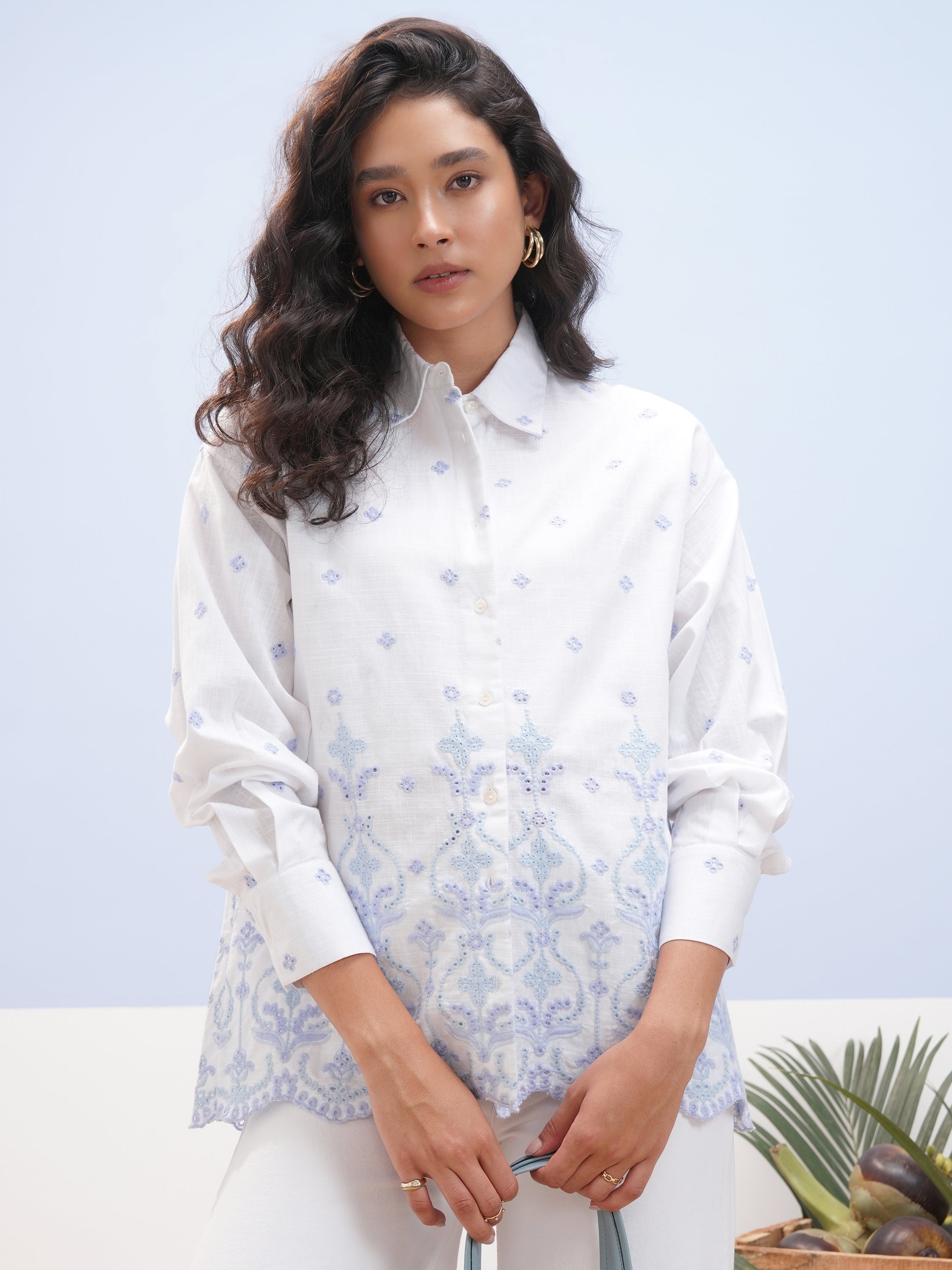 Vara By Vishudh Women White Embroidered Casual Shirt - White - Image 1