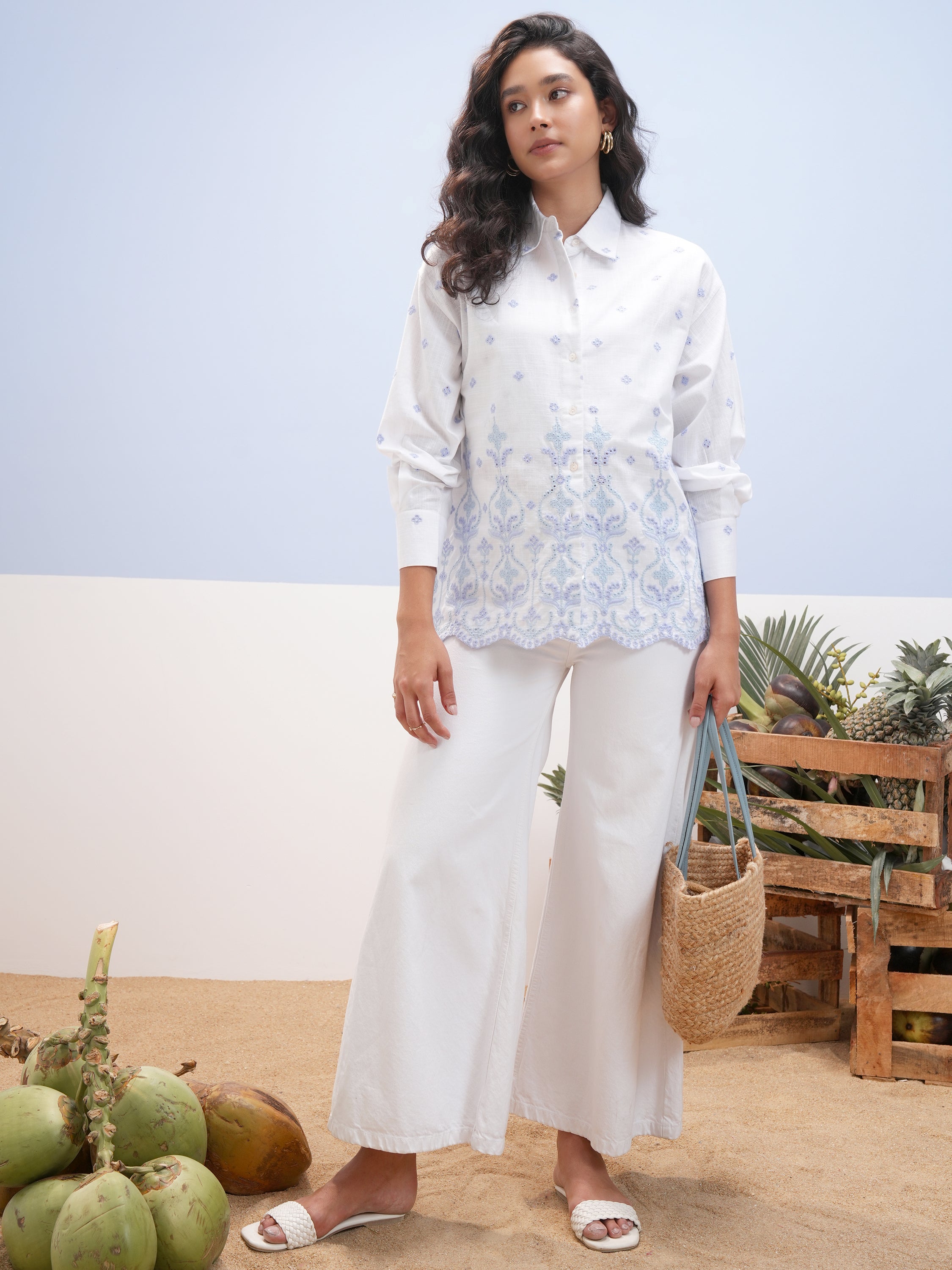 Vara By Vishudh Women White Embroidered Casual Shirt - White - Image 2