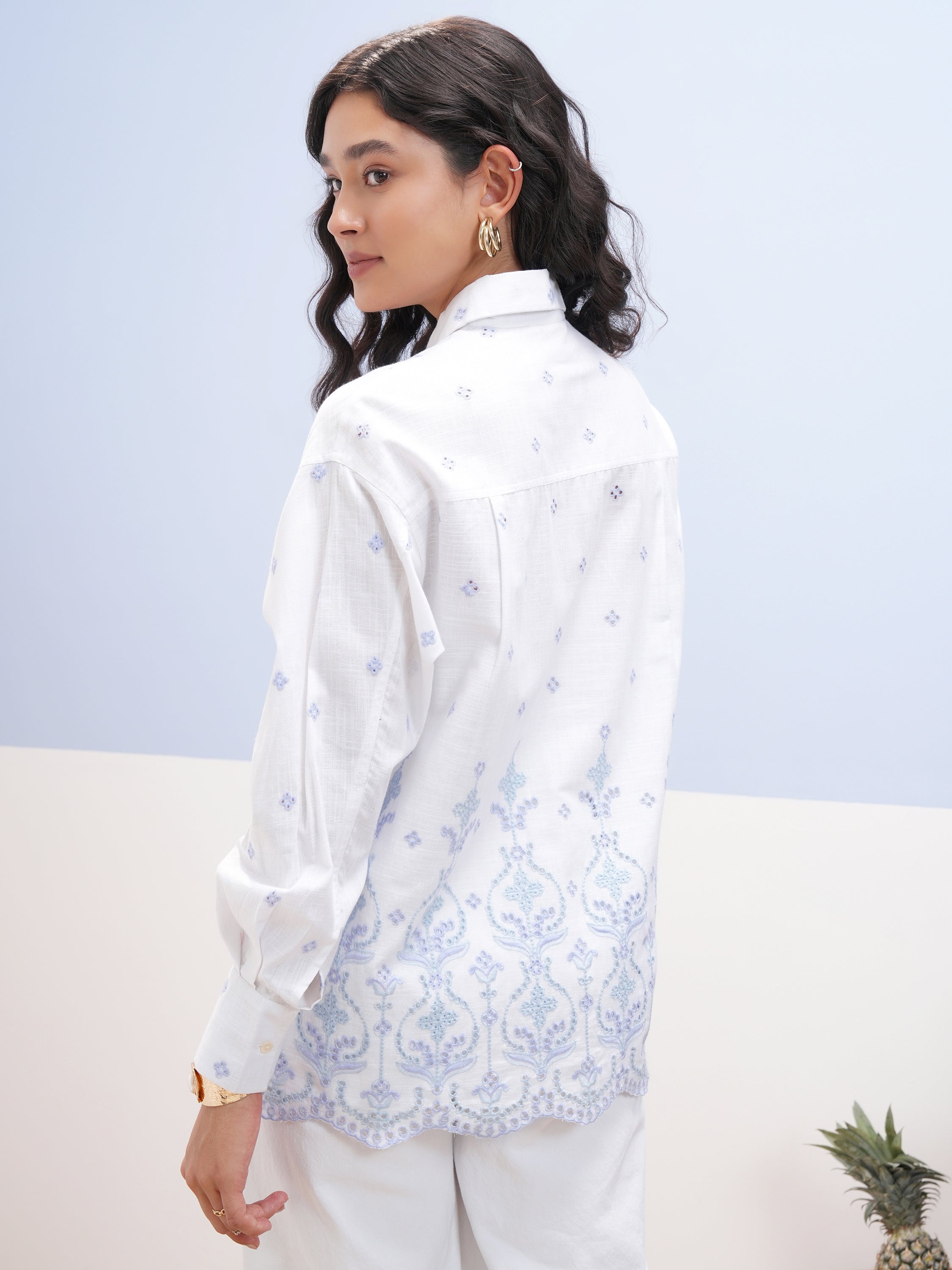 Vara By Vishudh Women White Embroidered Casual Shirt - White - Image 3