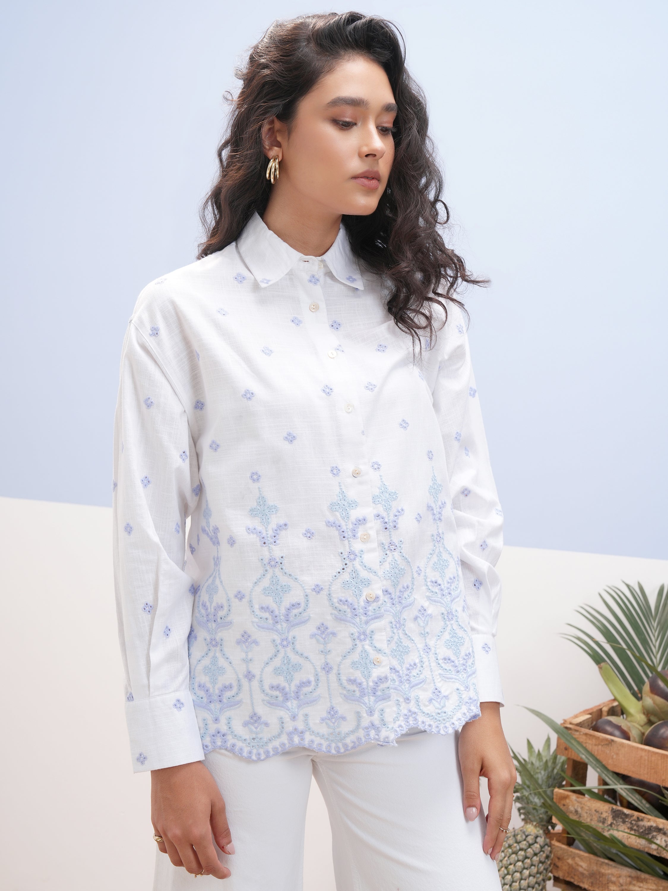 Vara By Vishudh Women White Embroidered Casual Shirt - White - Image 6