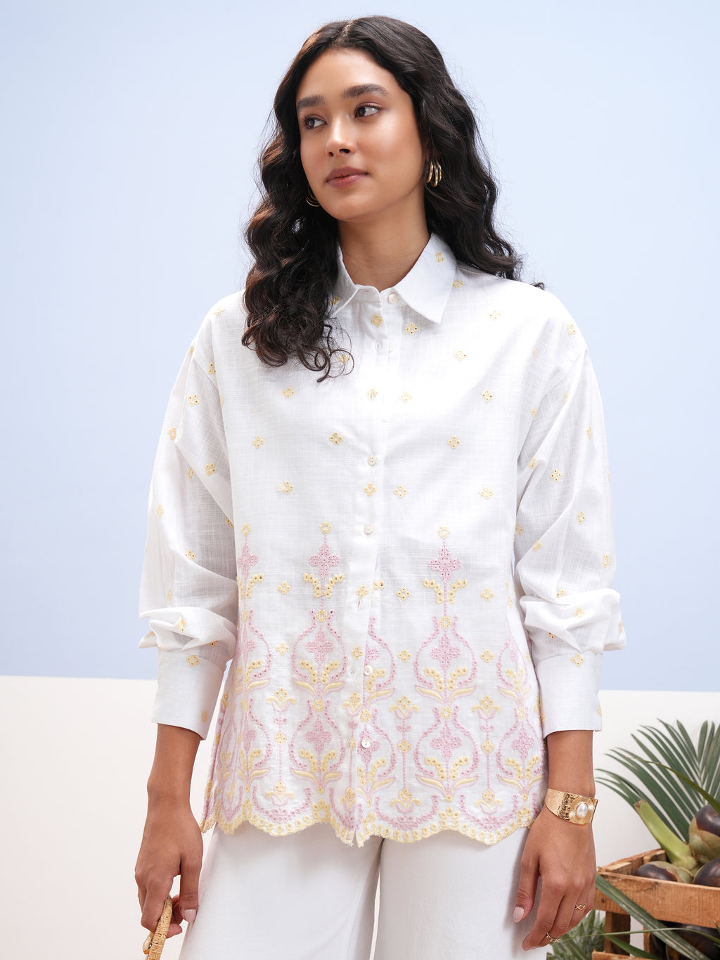 Vara By Vishudh Women White Embroidered Casual Shirt - White - Image 1