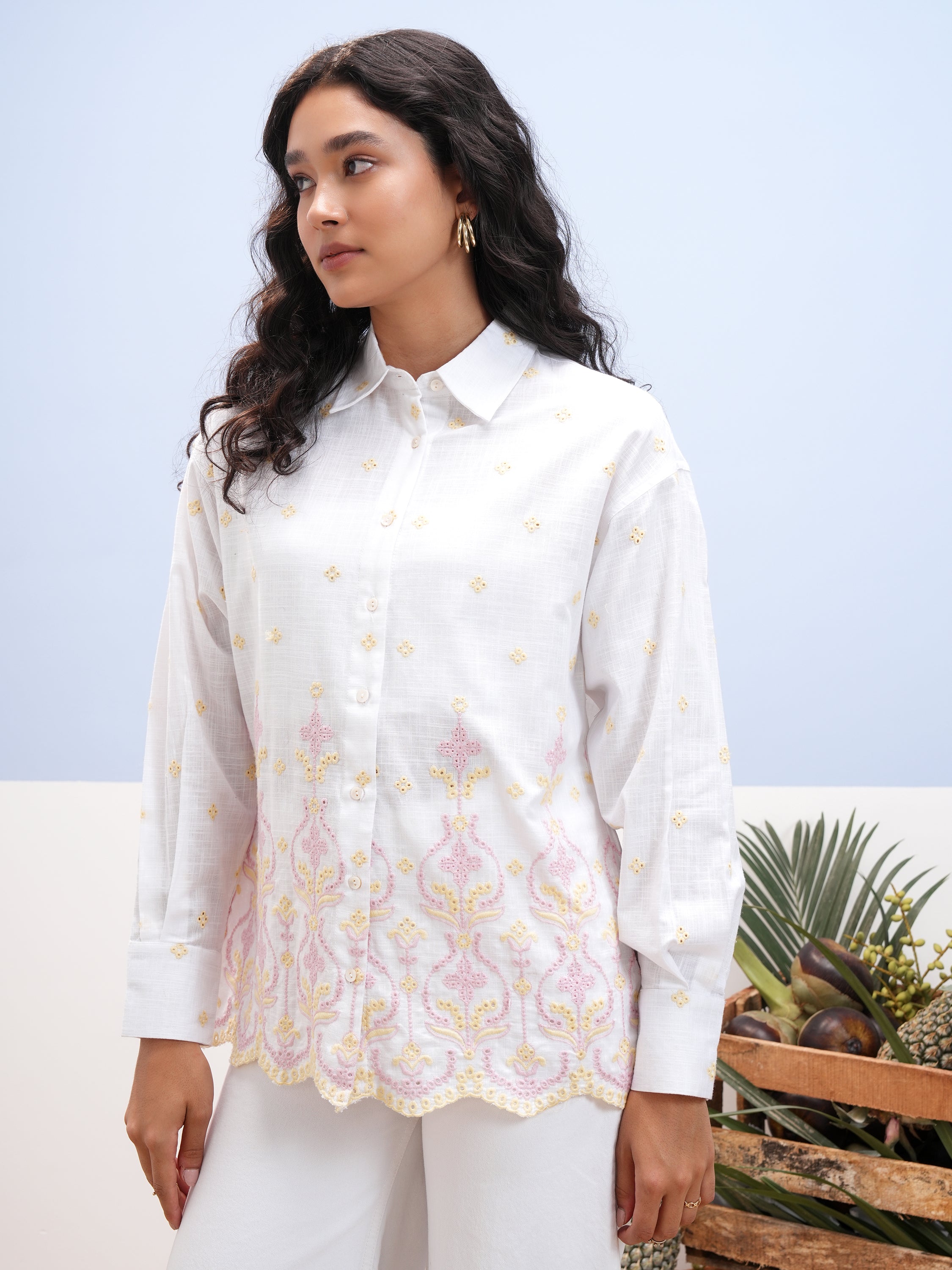 Vara By Vishudh Women White Embroidered Casual Shirt - White - Image 4