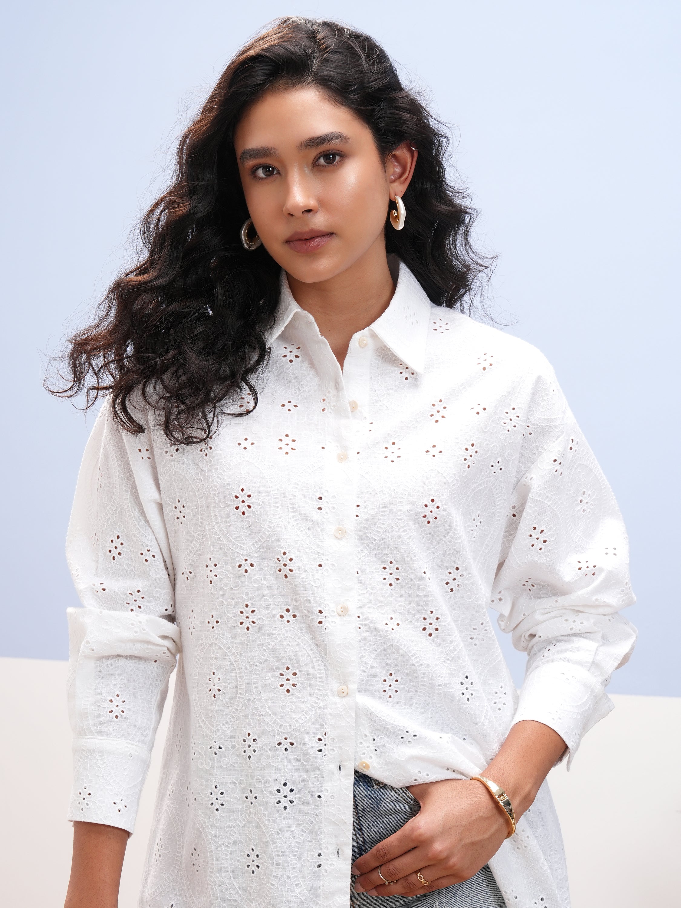 Vara By Vishudh Women White Embroidered Casual Shirt - White - Image 1
