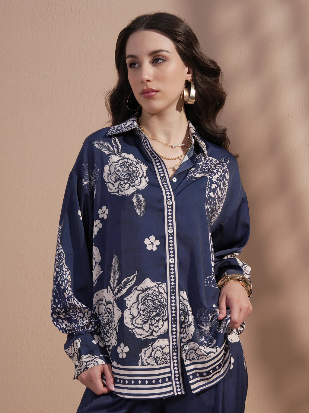 Vara By Vishudh Women Navy Blue Printed Casual Shirt - Navy Blue - Image 1