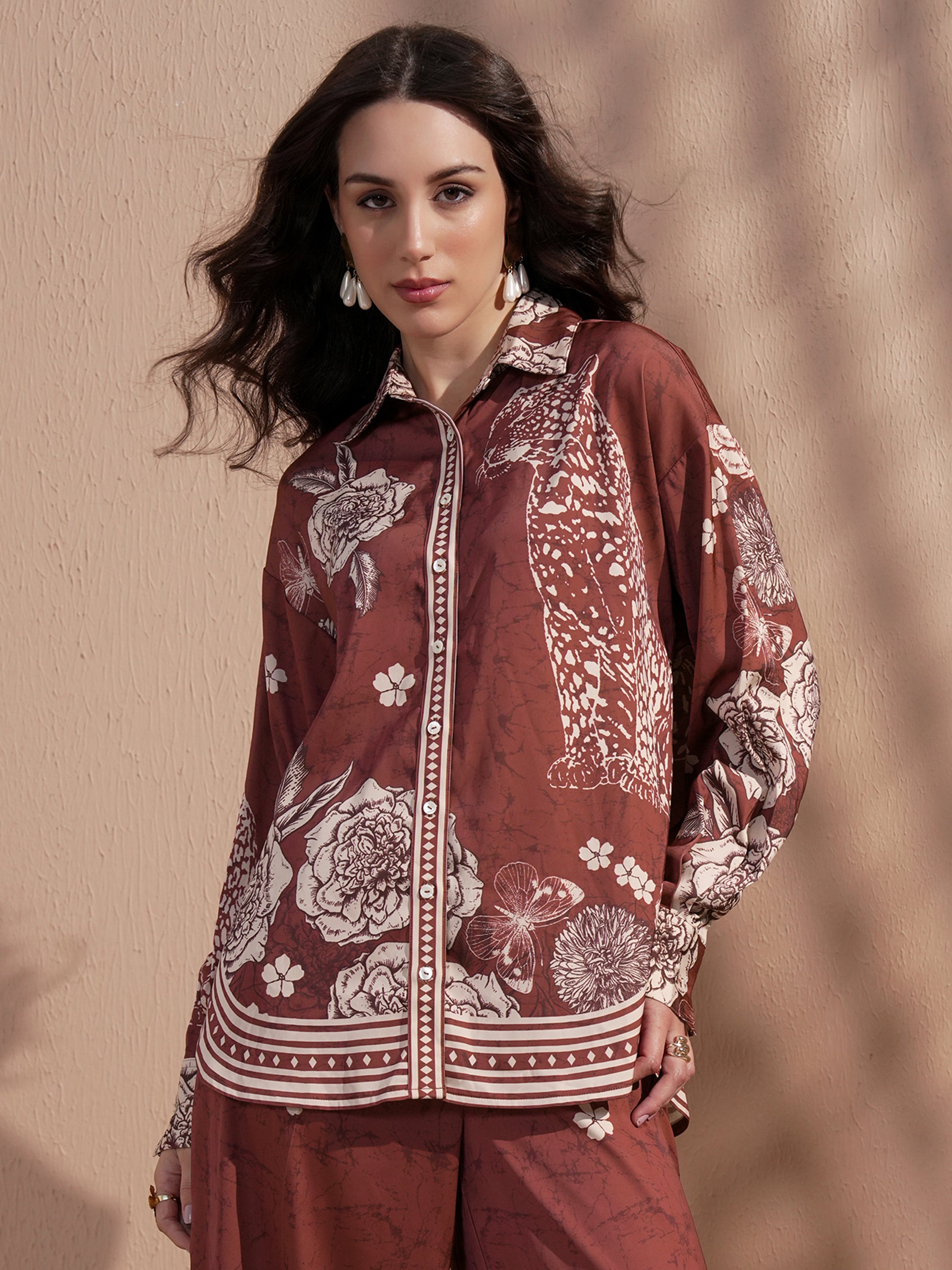 Vara By Vishudh Women Brown Printed Casual Shirt - Brown - Image 1