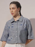 Vara By Vishudh Women Blue Embroidered Boxy Fit Casual Shirt - Blue - Image 1