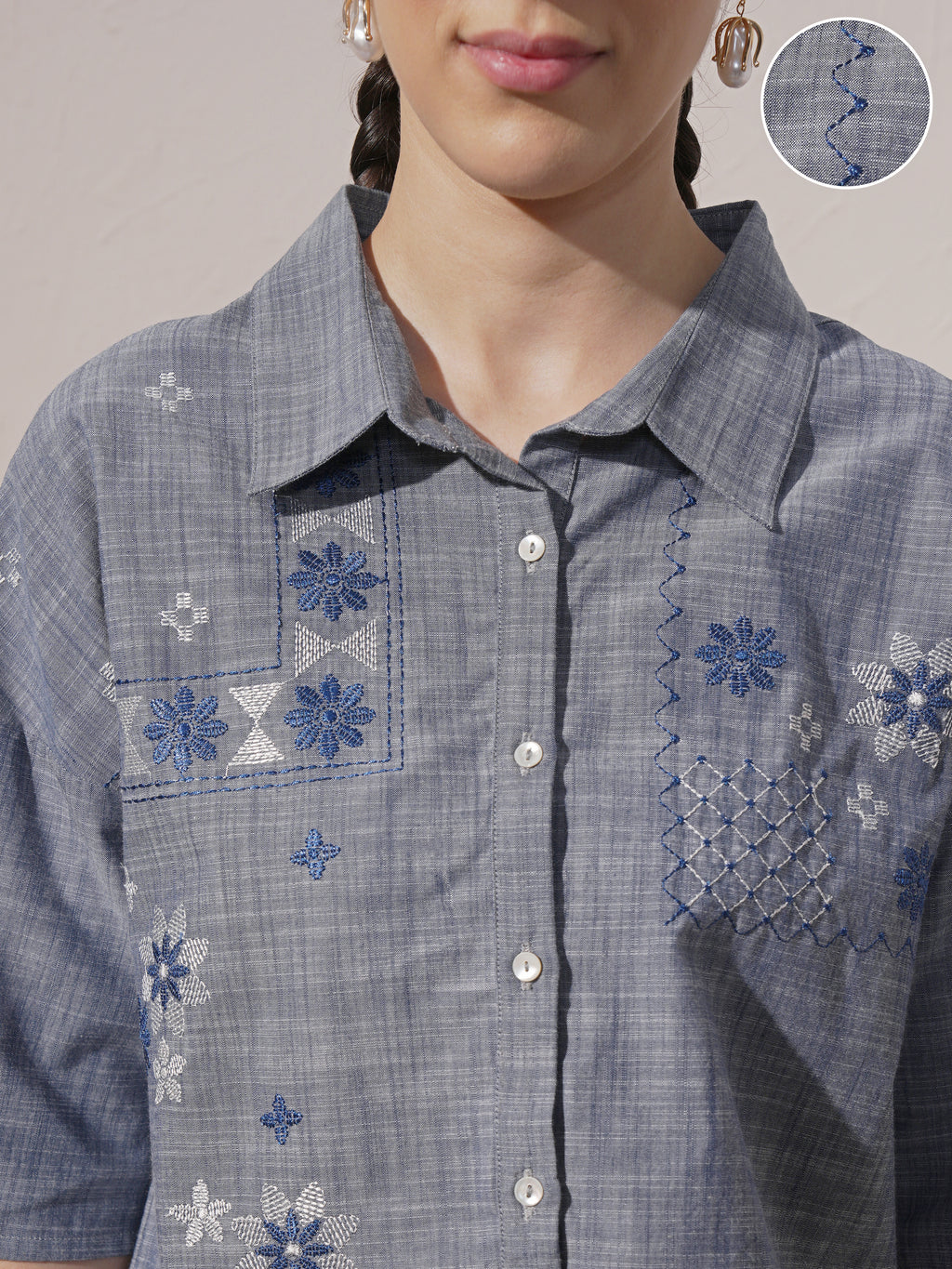 Vara By Vishudh Women Blue Embroidered Boxy Fit Casual Shirt - Blue - Image 5