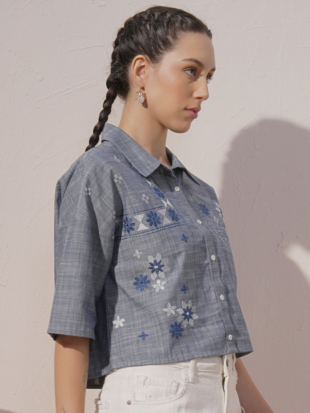 Vara By Vishudh Women Blue Embroidered Boxy Fit Casual Shirt - Blue - Image 6
