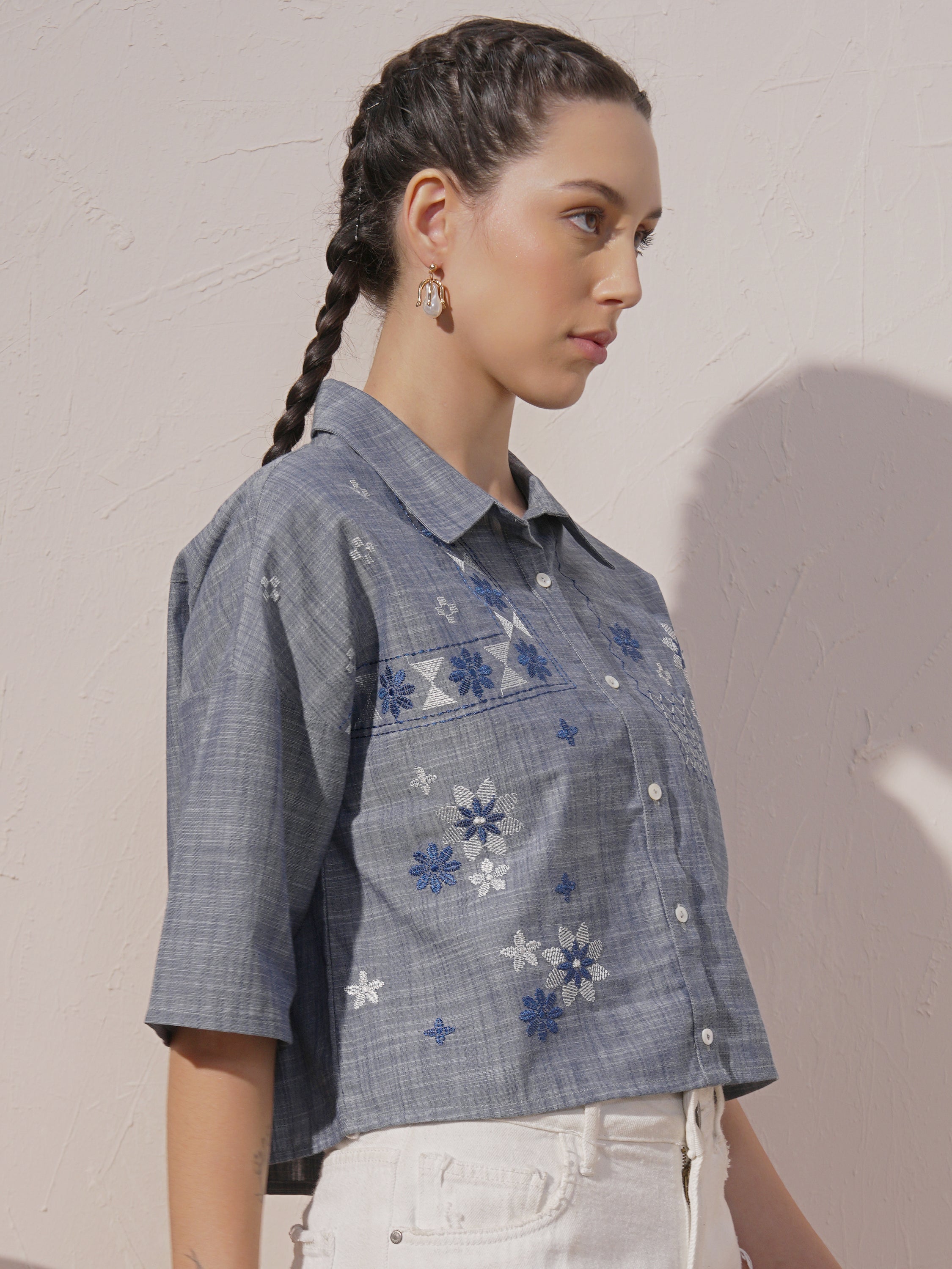 Vara By Vishudh Women Blue Embroidered Boxy Fit Casual Shirt - Blue - Image 6