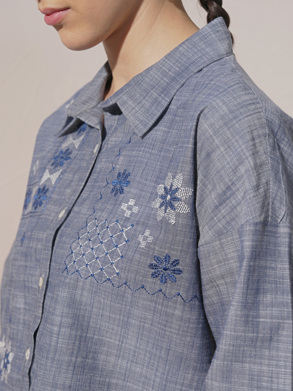 Vara By Vishudh Women Blue Embroidered Boxy Fit Casual Shirt - Blue - Image 7