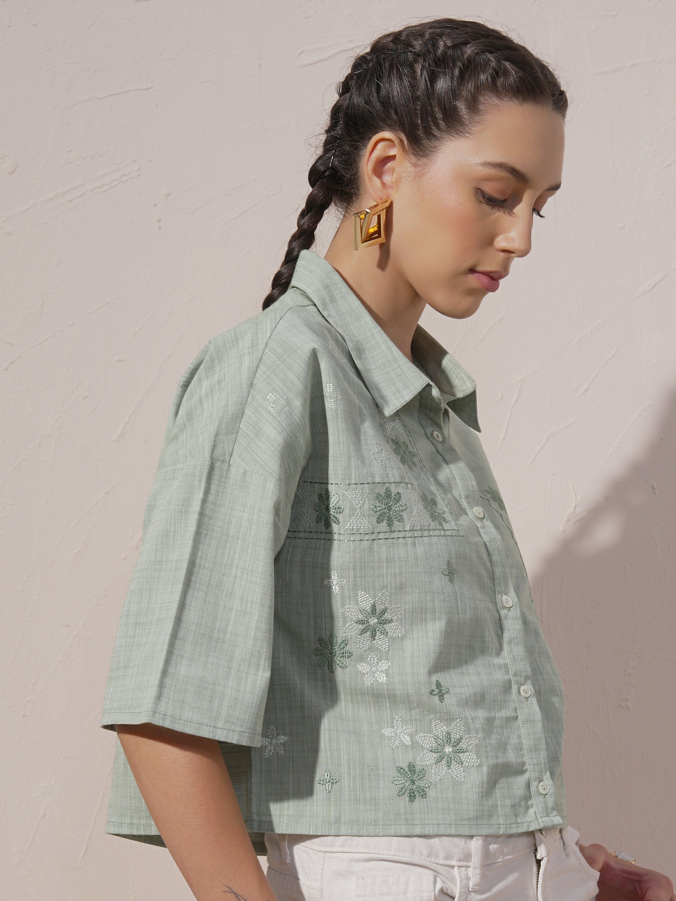 Vara By Vishudh Women Green Embroidered Casual Shirt - Green - Image 6