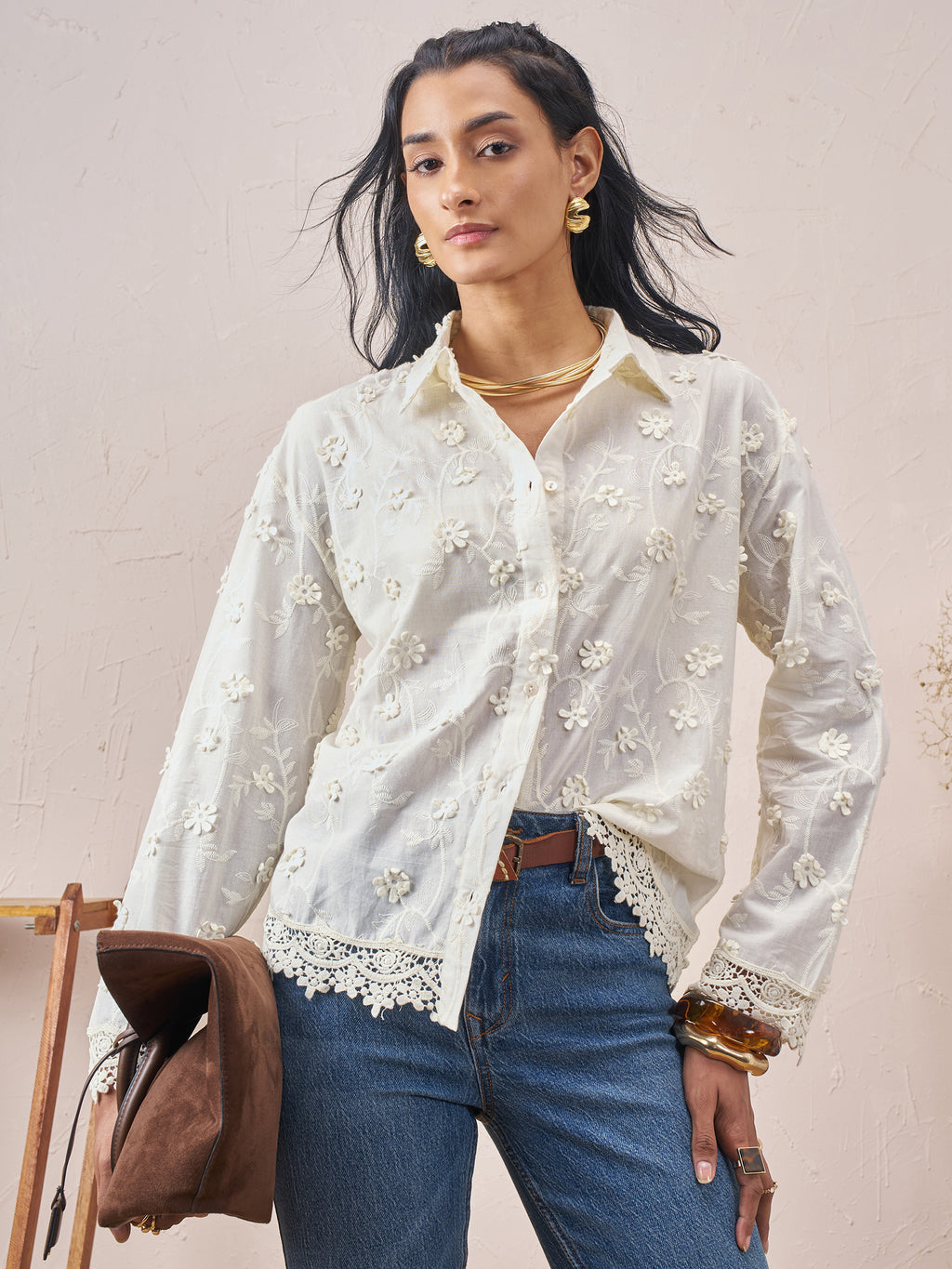Vara By Vishudh Women White Embroidered Casual Shirt - White - Image 1