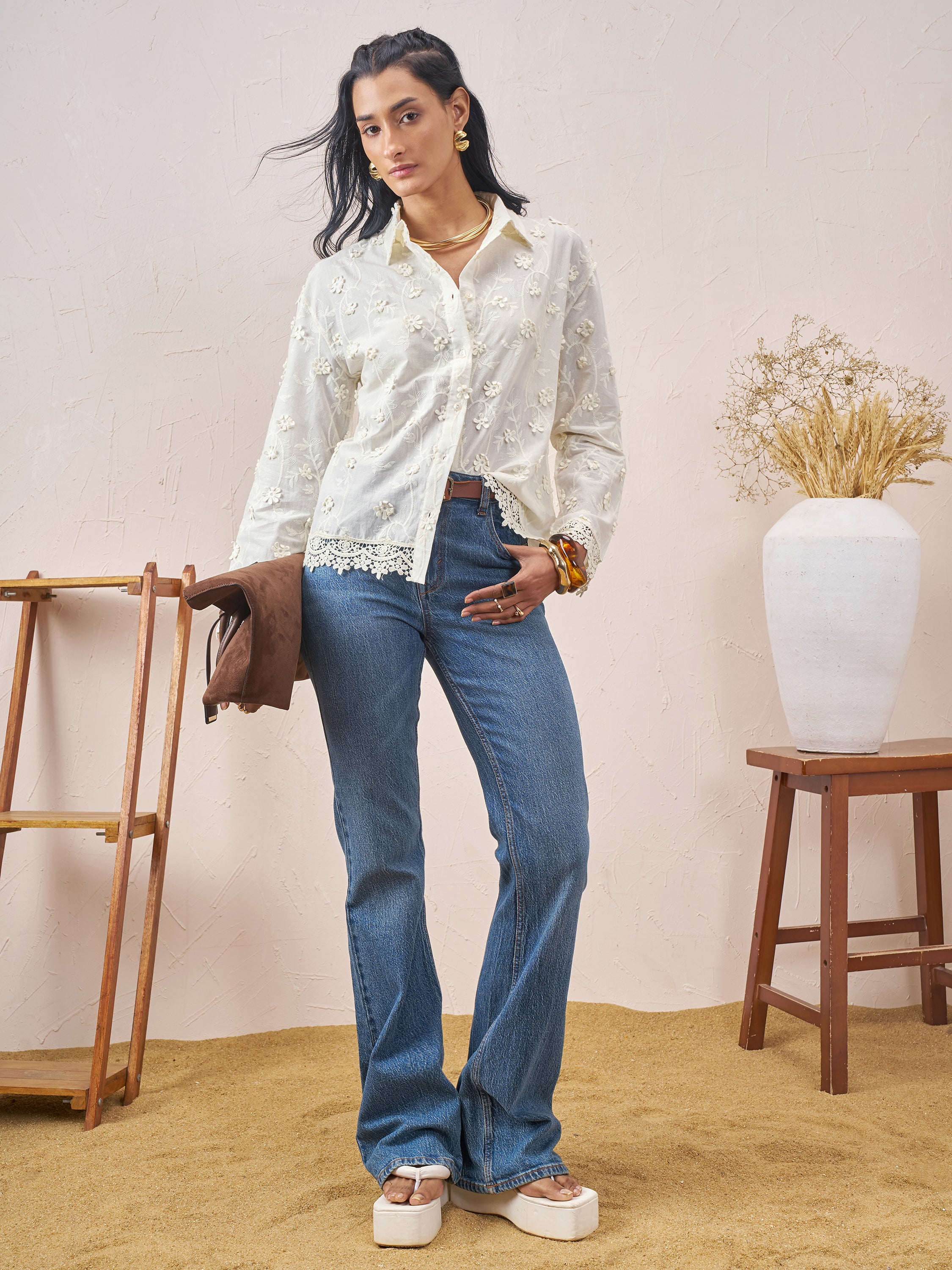 Vara By Vishudh Women White Embroidered Casual Shirt - White - Image 2