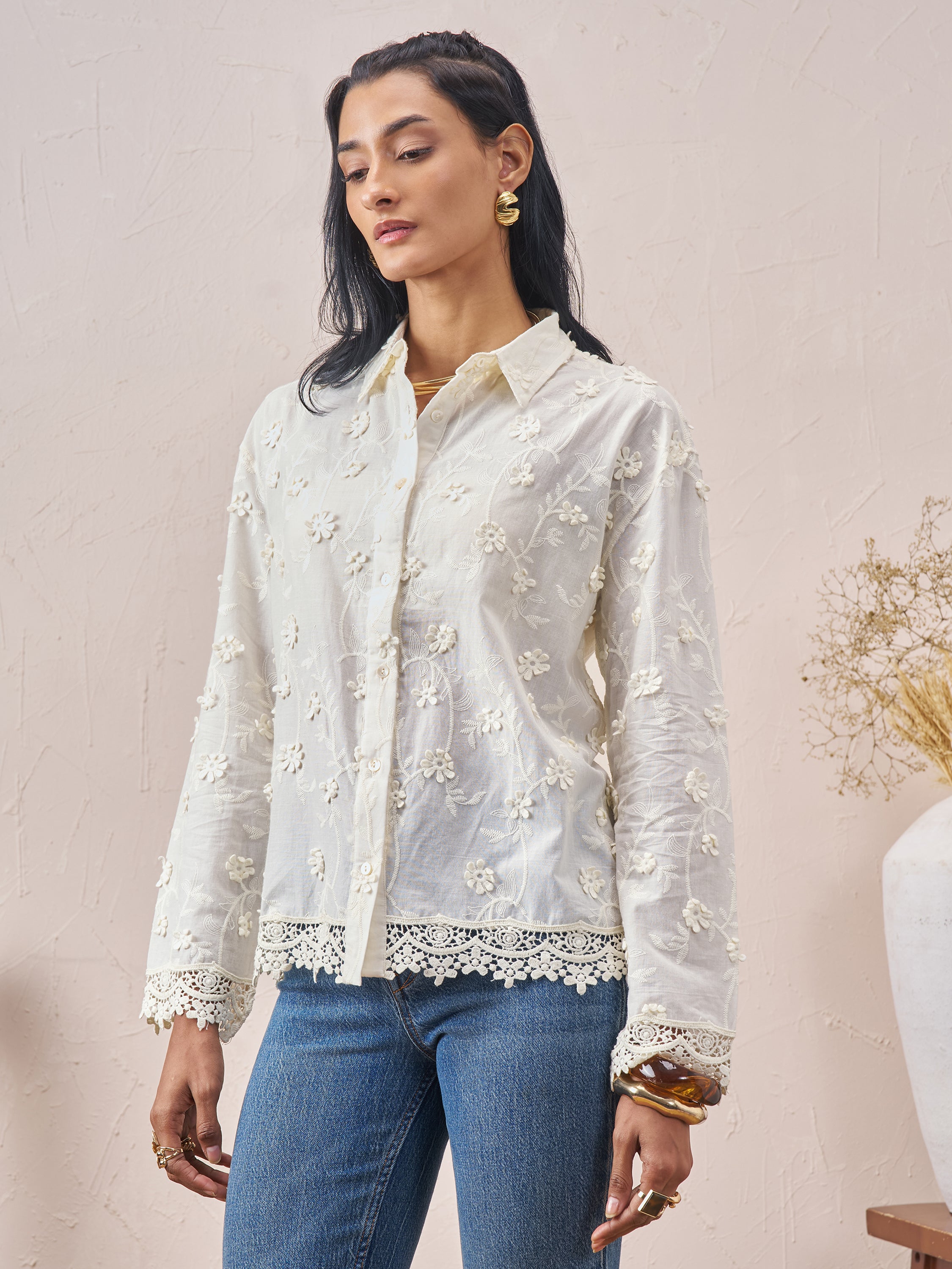 Vara By Vishudh Women White Embroidered Casual Shirt - White - Image 4