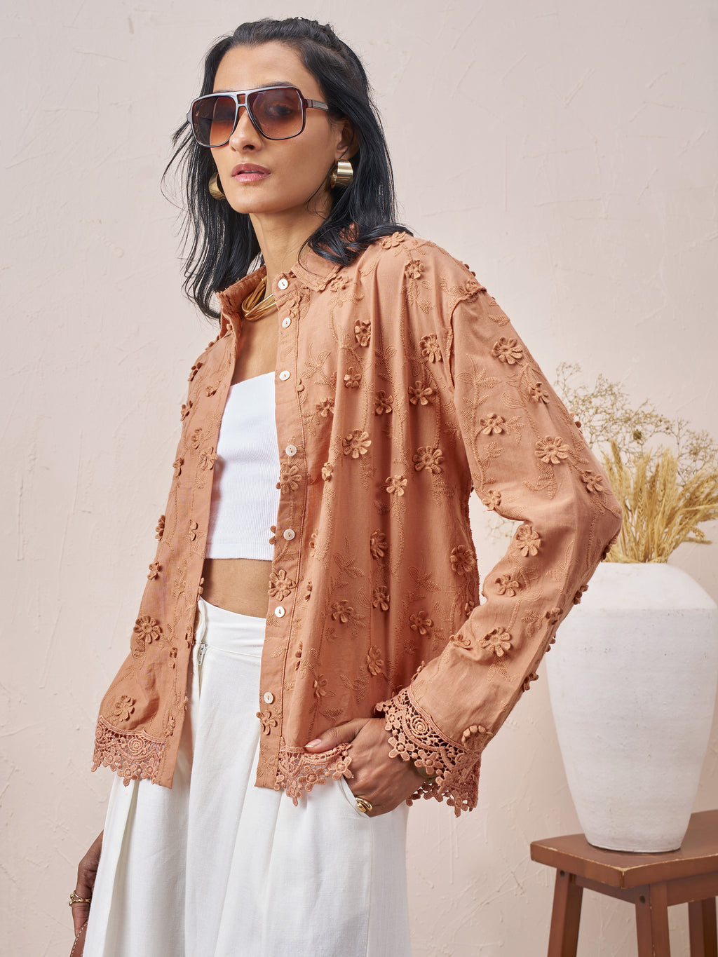 Vara By Vishudh Women Brown Embroidered Casual Shirt - Brown - Image 4