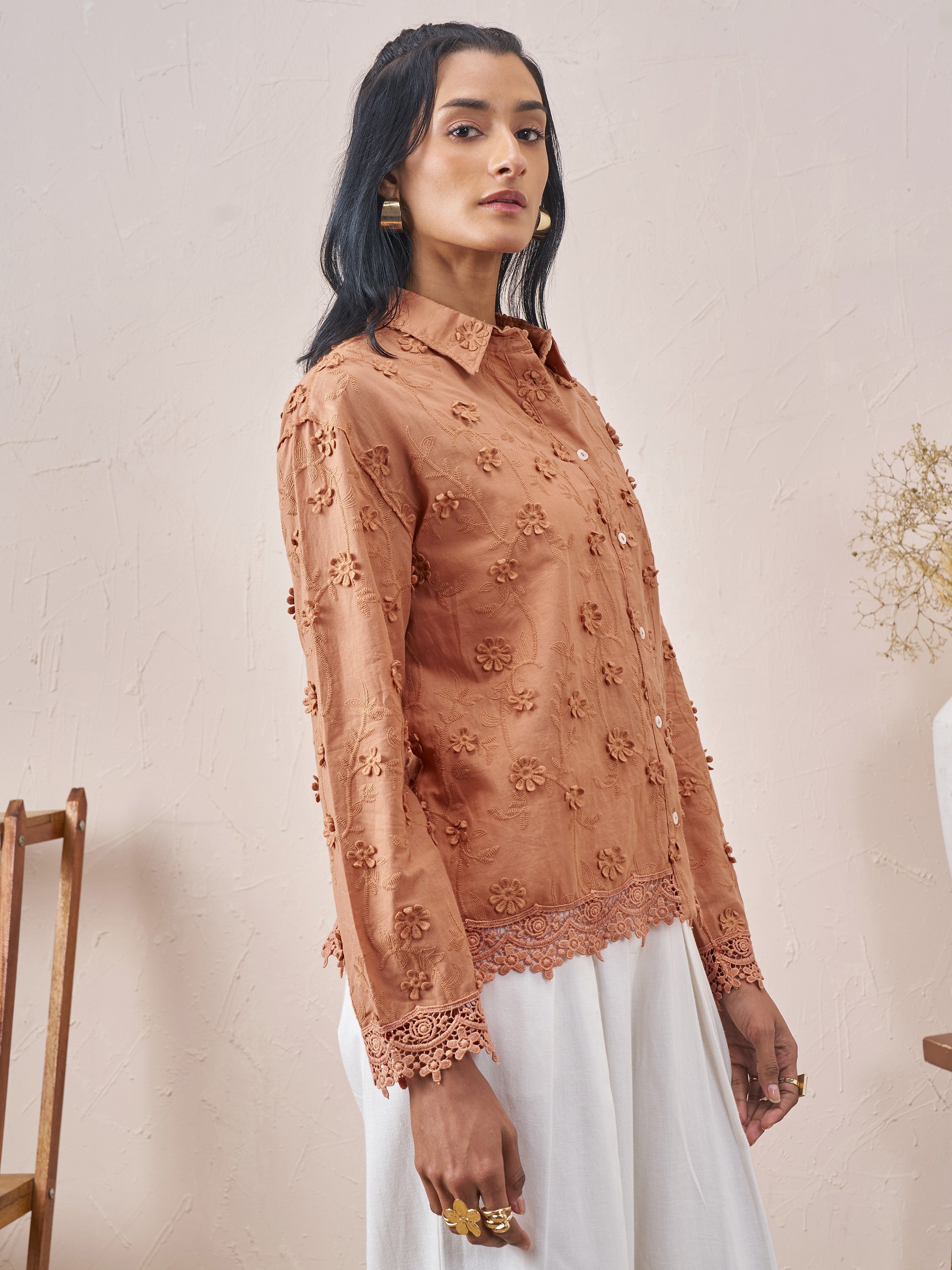 Vara By Vishudh Women Brown Embroidered Casual Shirt - Brown - Image 6