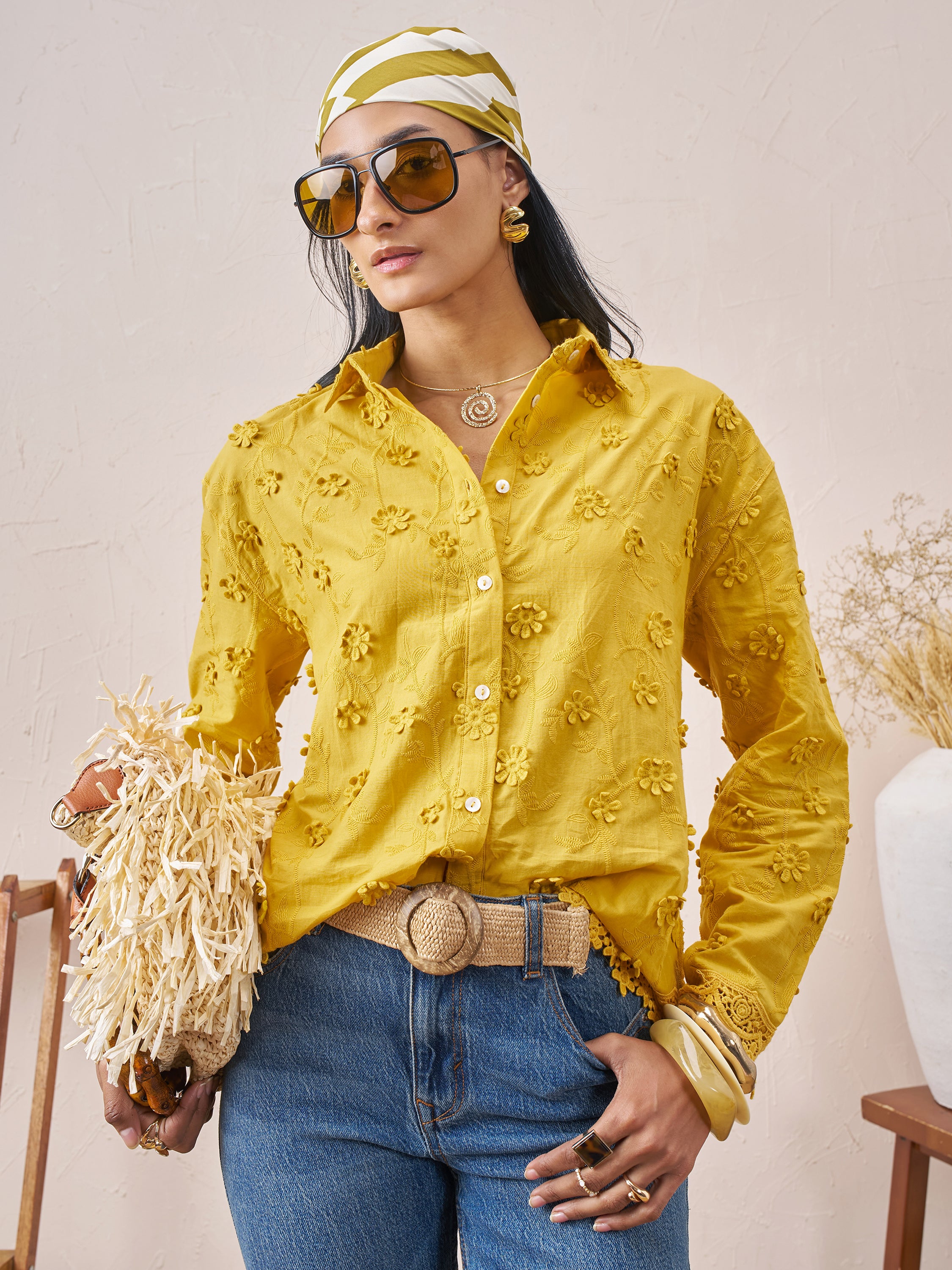 Vara By Vishudh Women Mustard Embroidered Casual Shirt - Mustard - Image 1