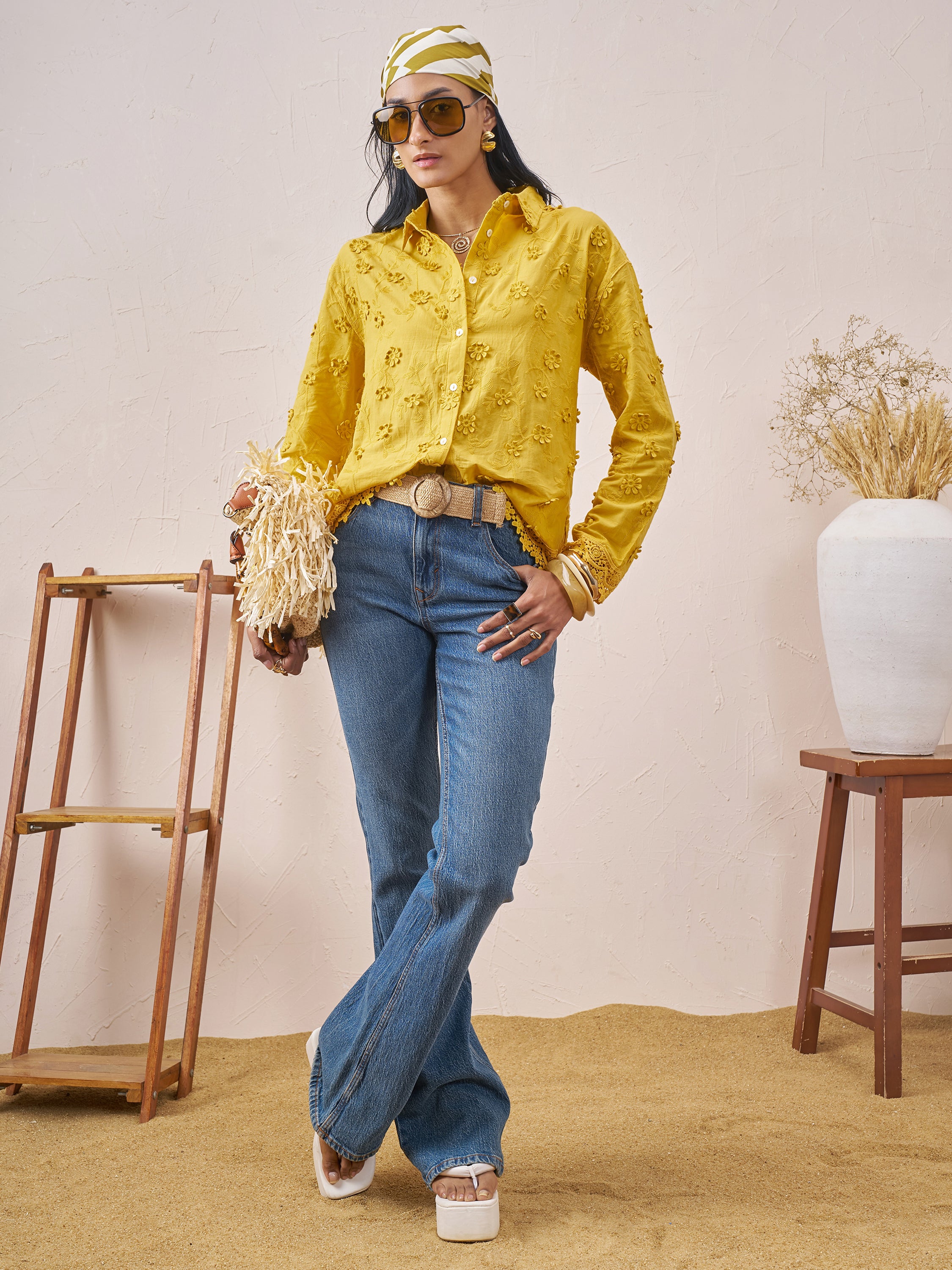 Vara By Vishudh Women Mustard Embroidered Casual Shirt - Mustard - Image 2