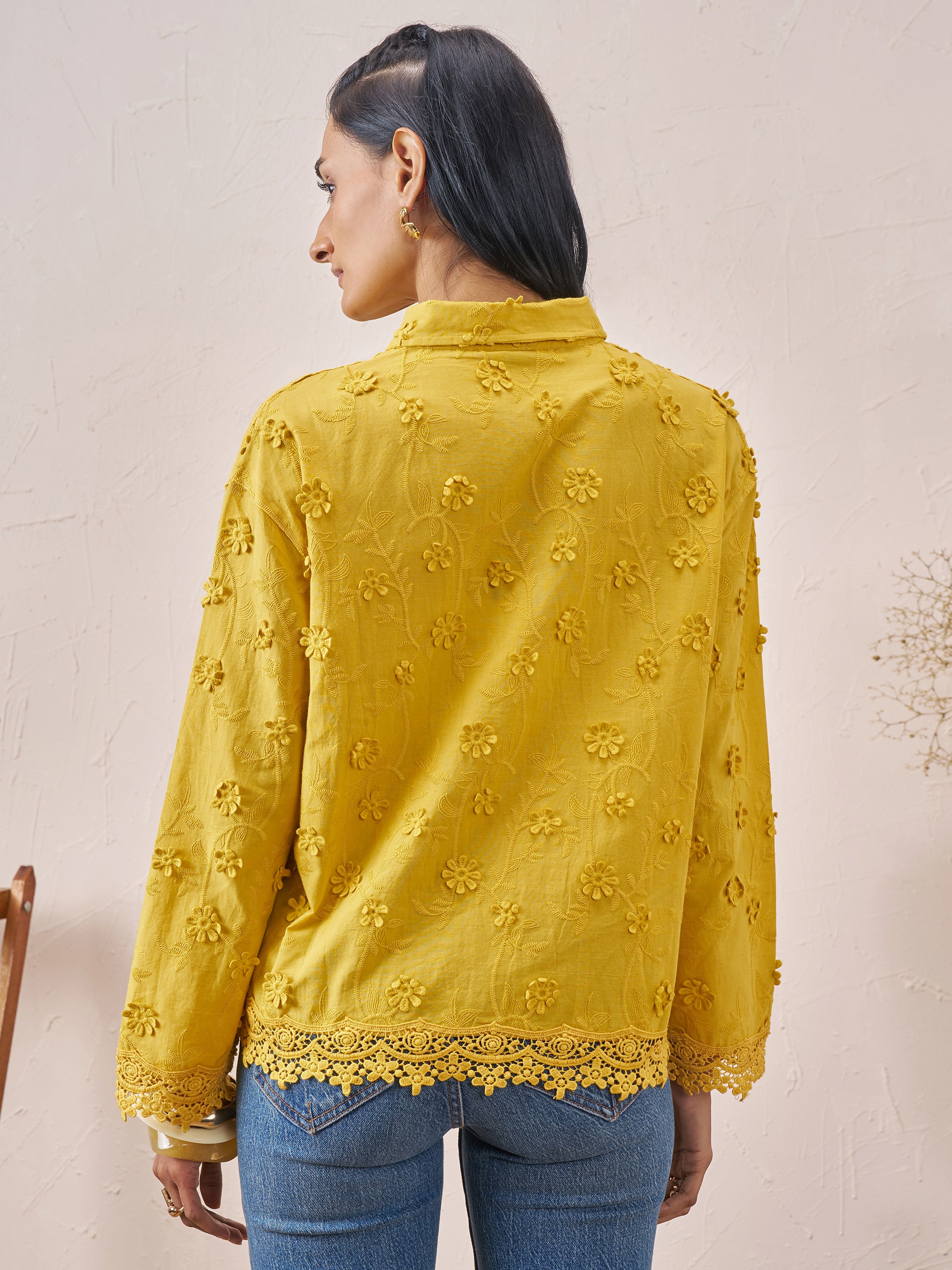 Vara By Vishudh Women Mustard Embroidered Casual Shirt - Mustard - Image 3
