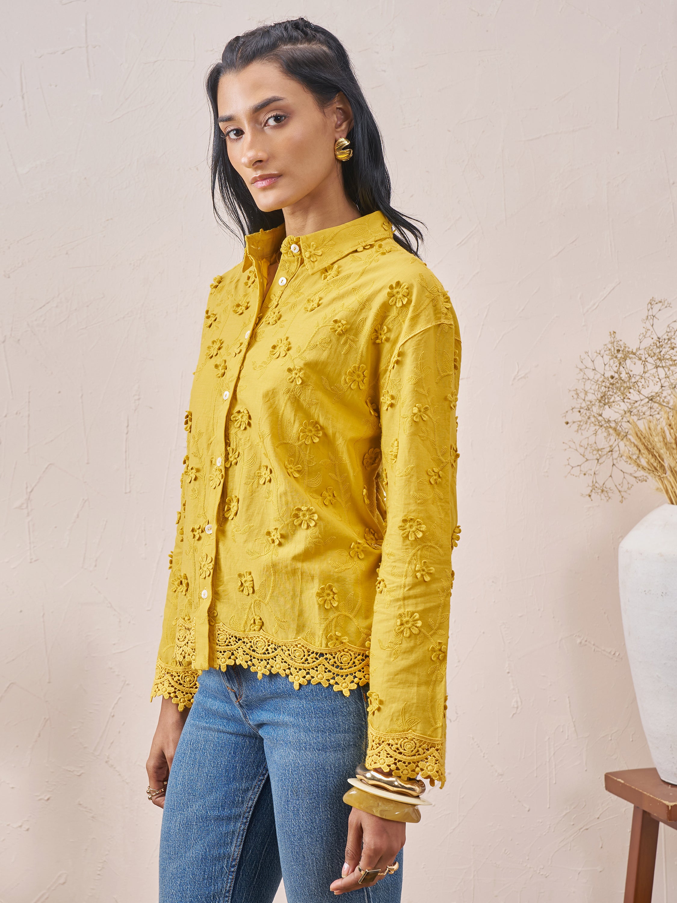 Vara By Vishudh Women Mustard Embroidered Casual Shirt - Mustard - Image 4