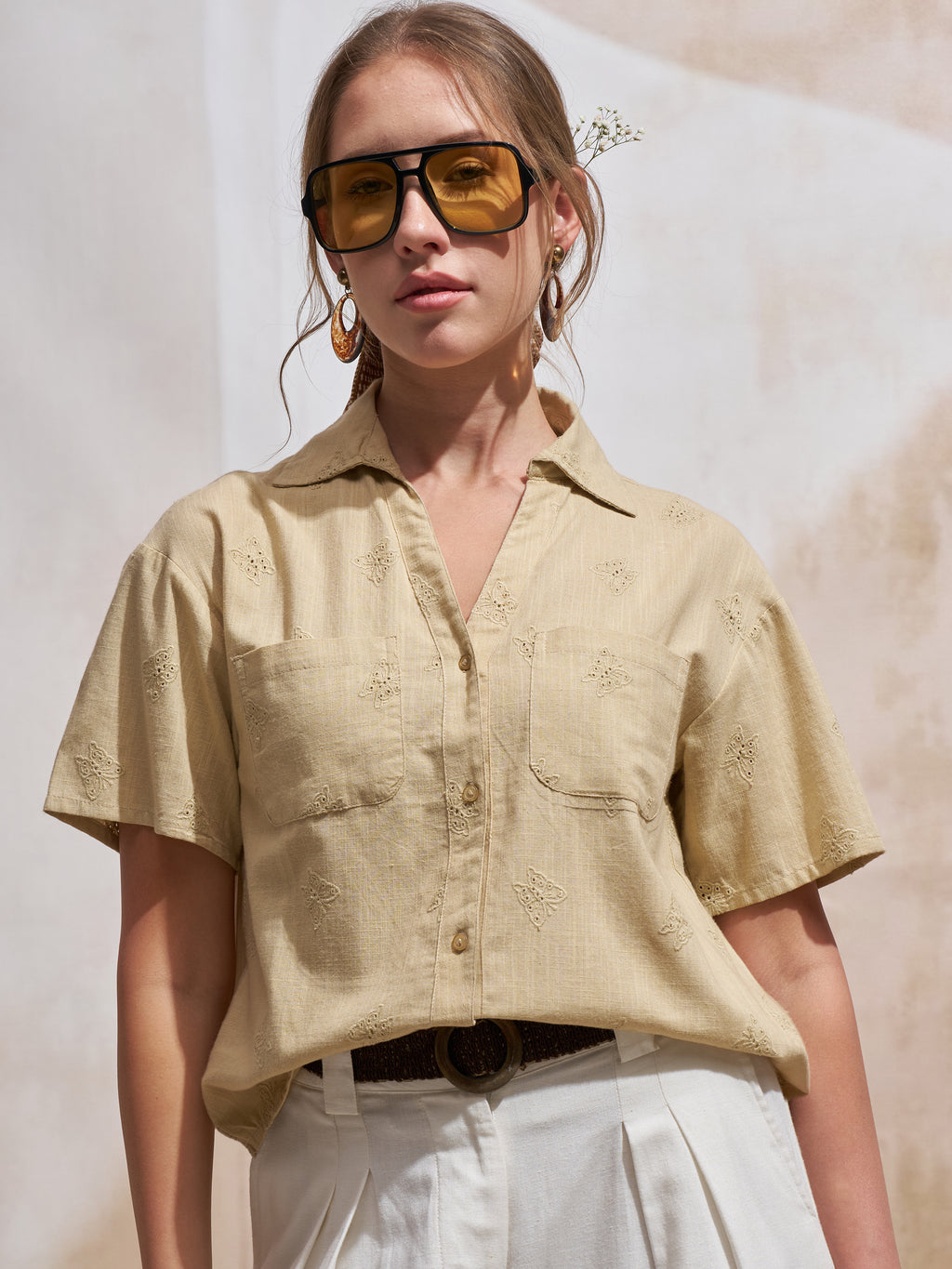 Vara By Vishudh Women Beige Embroidered Casual Shirt - Beige - Image 1
