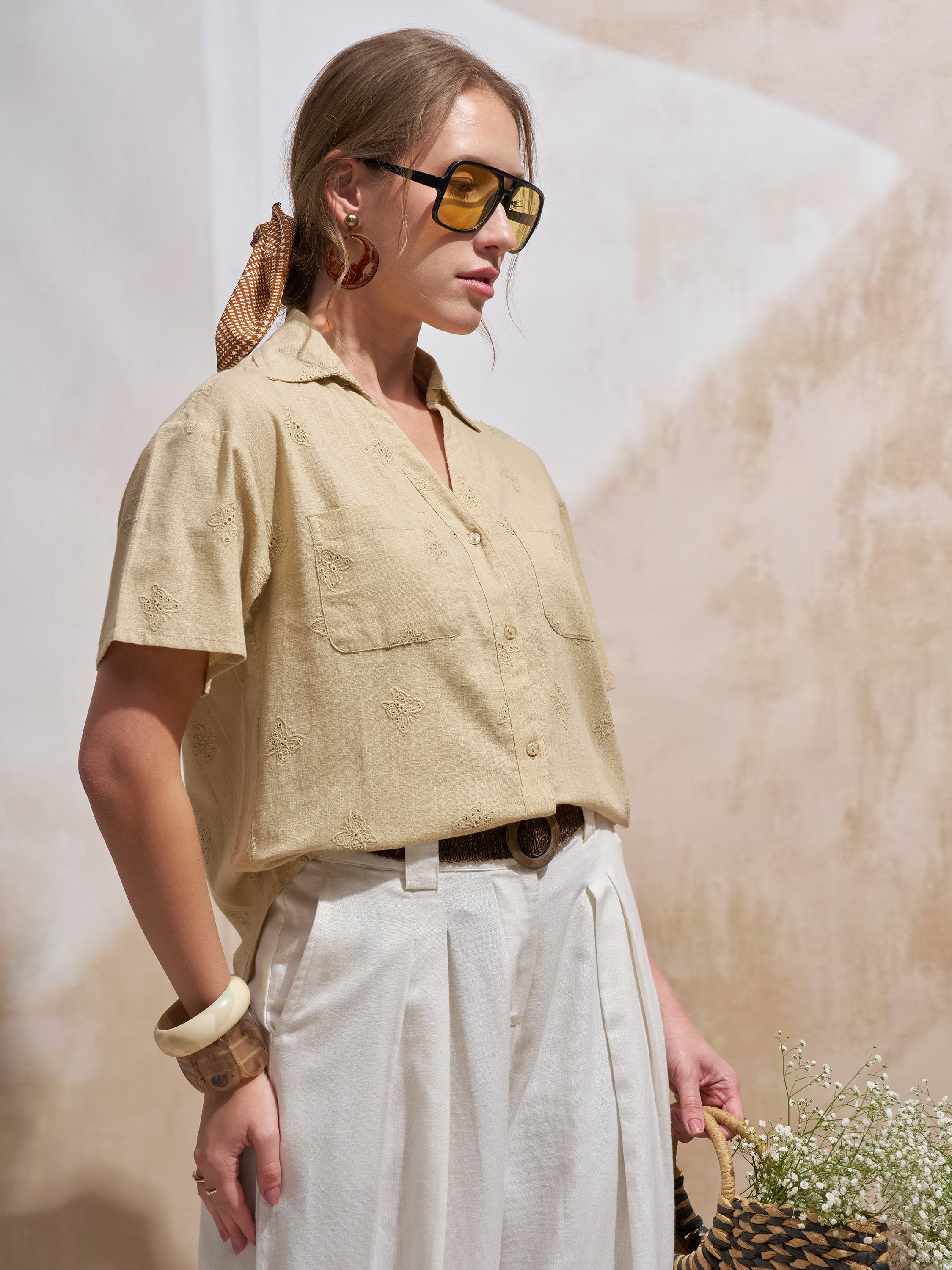 Vara By Vishudh Women Beige Embroidered Casual Shirt - Beige - Image 6