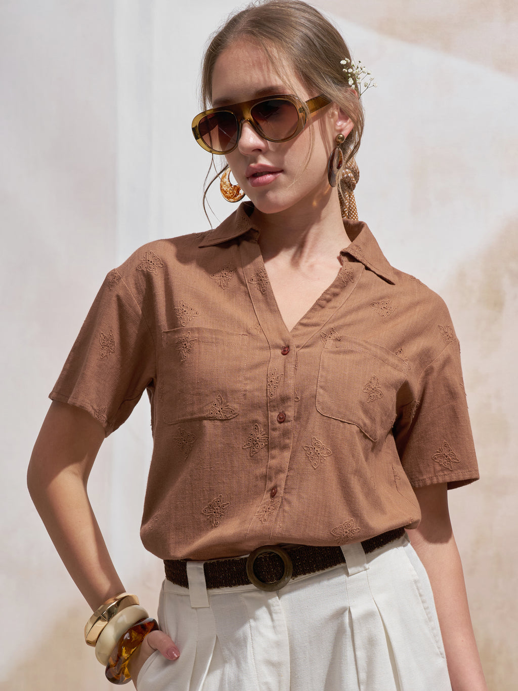 Vara By Vishudh Women Brown Embroidered Casual Shirt - Brown - Image 1