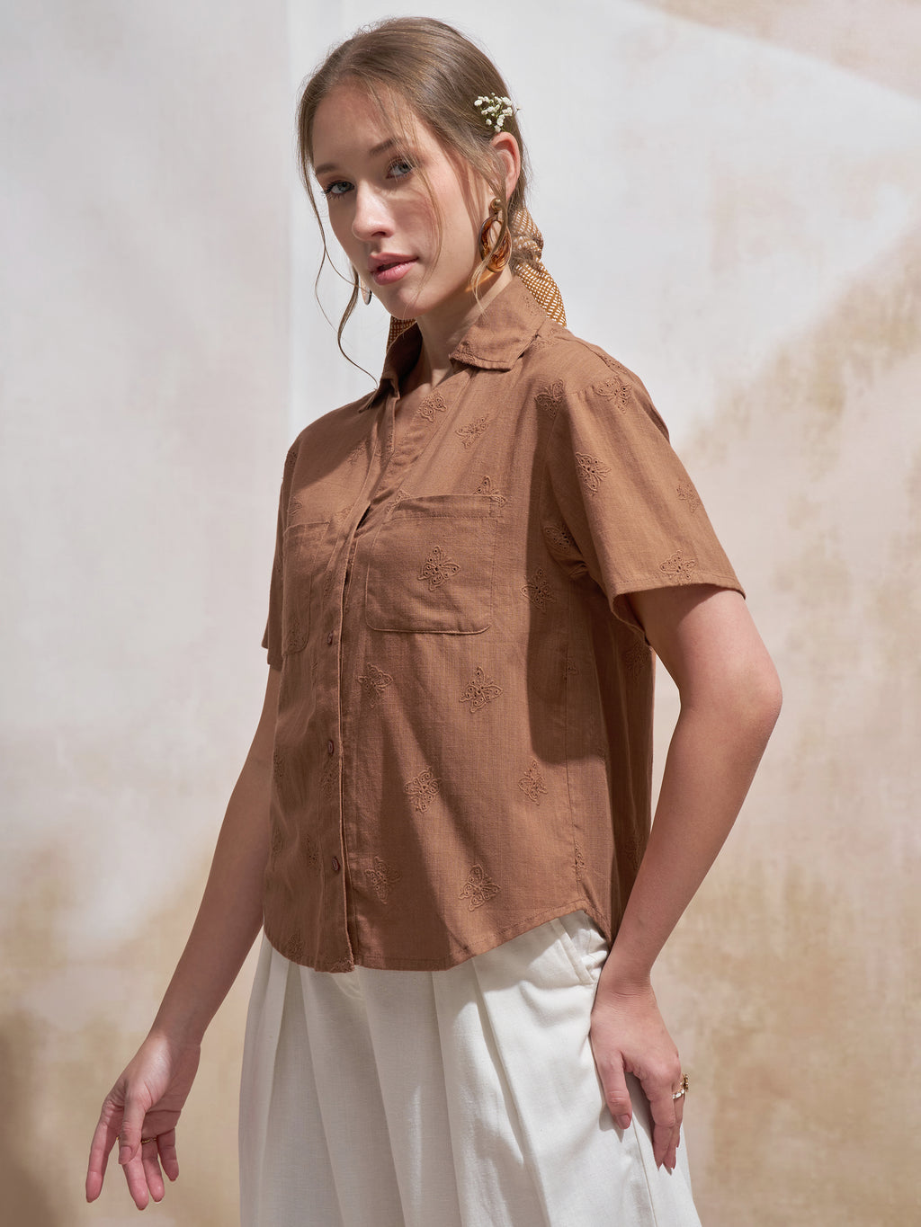 Vara By Vishudh Women Brown Embroidered Casual Shirt - Brown - Image 4
