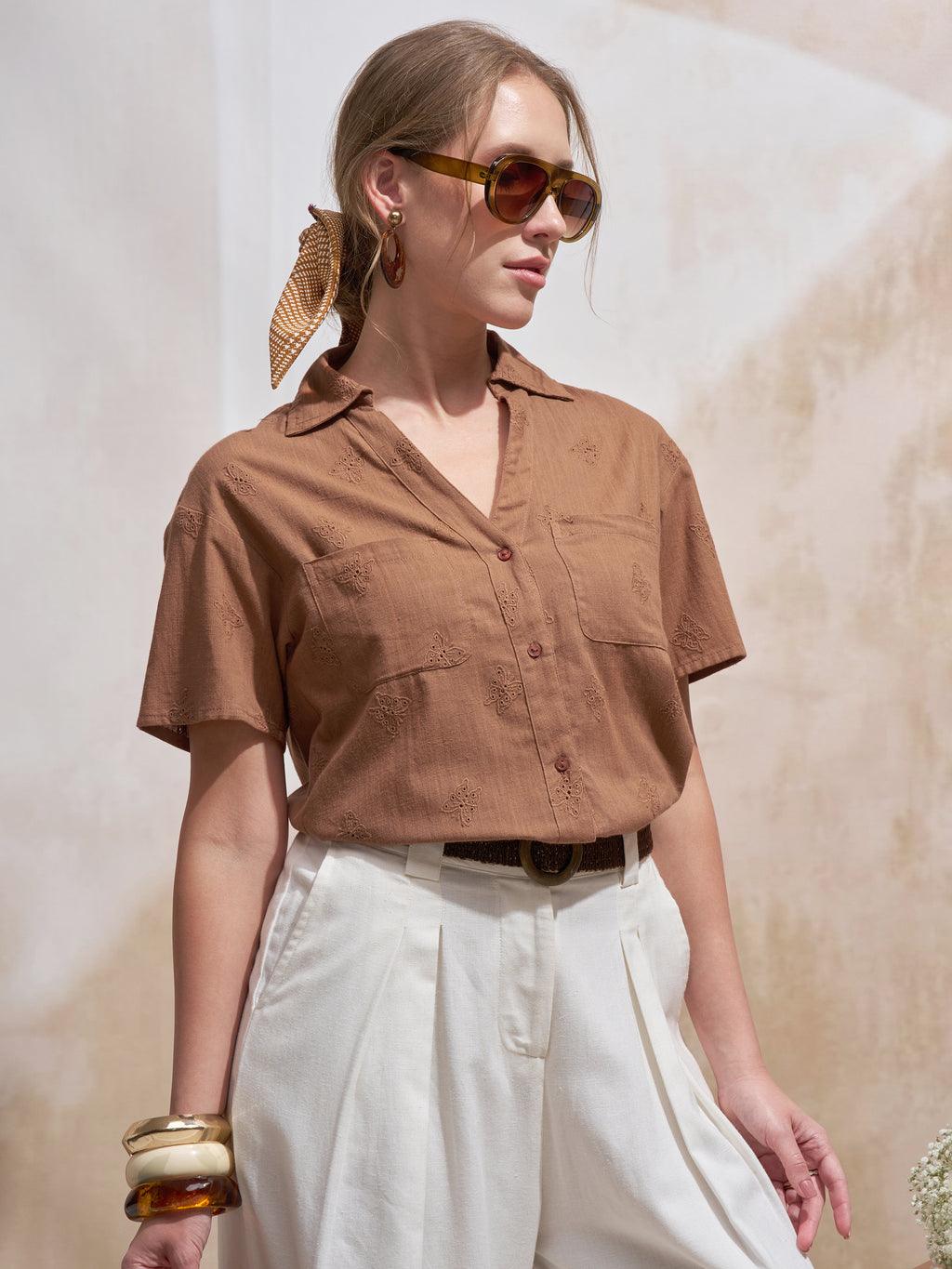 Vara By Vishudh Women Brown Embroidered Casual Shirt - Brown - Image 6