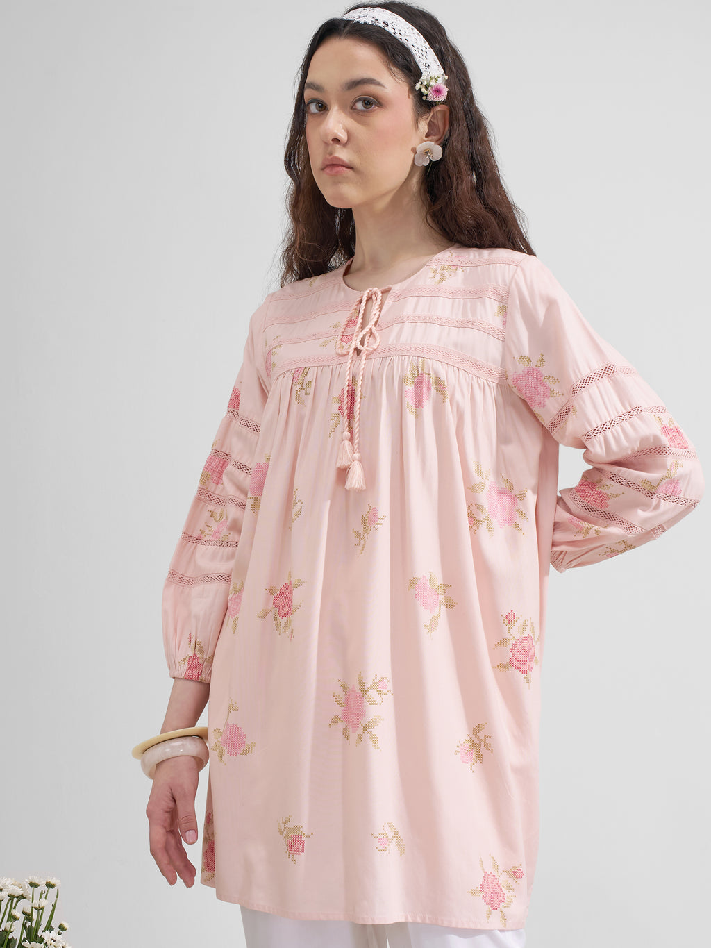 Vara By Vishudh Women Pink Tie-Up Neck Printed Tunic