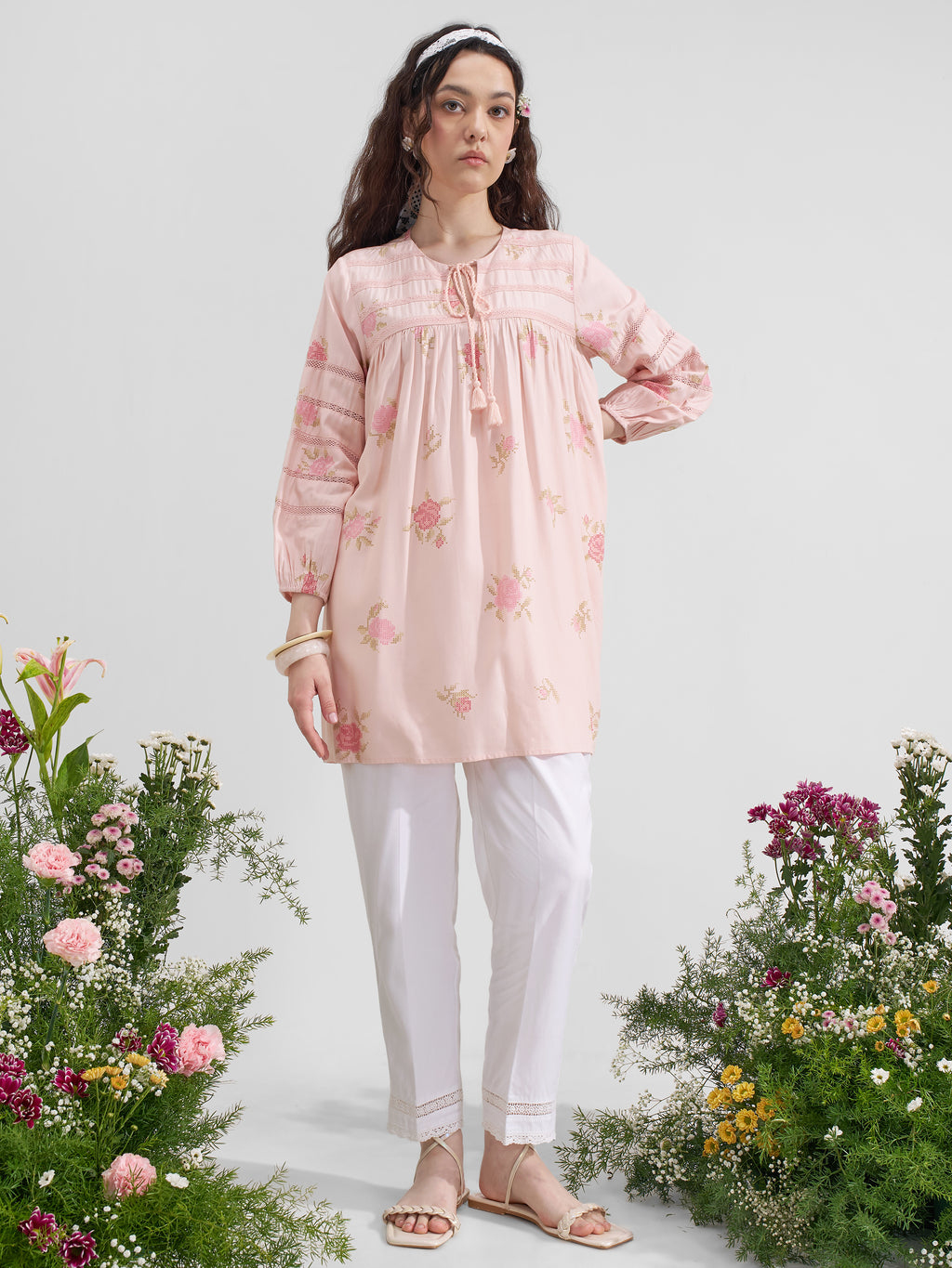 Vara By Vishudh Women Pink Tie-Up Neck Printed Tunic