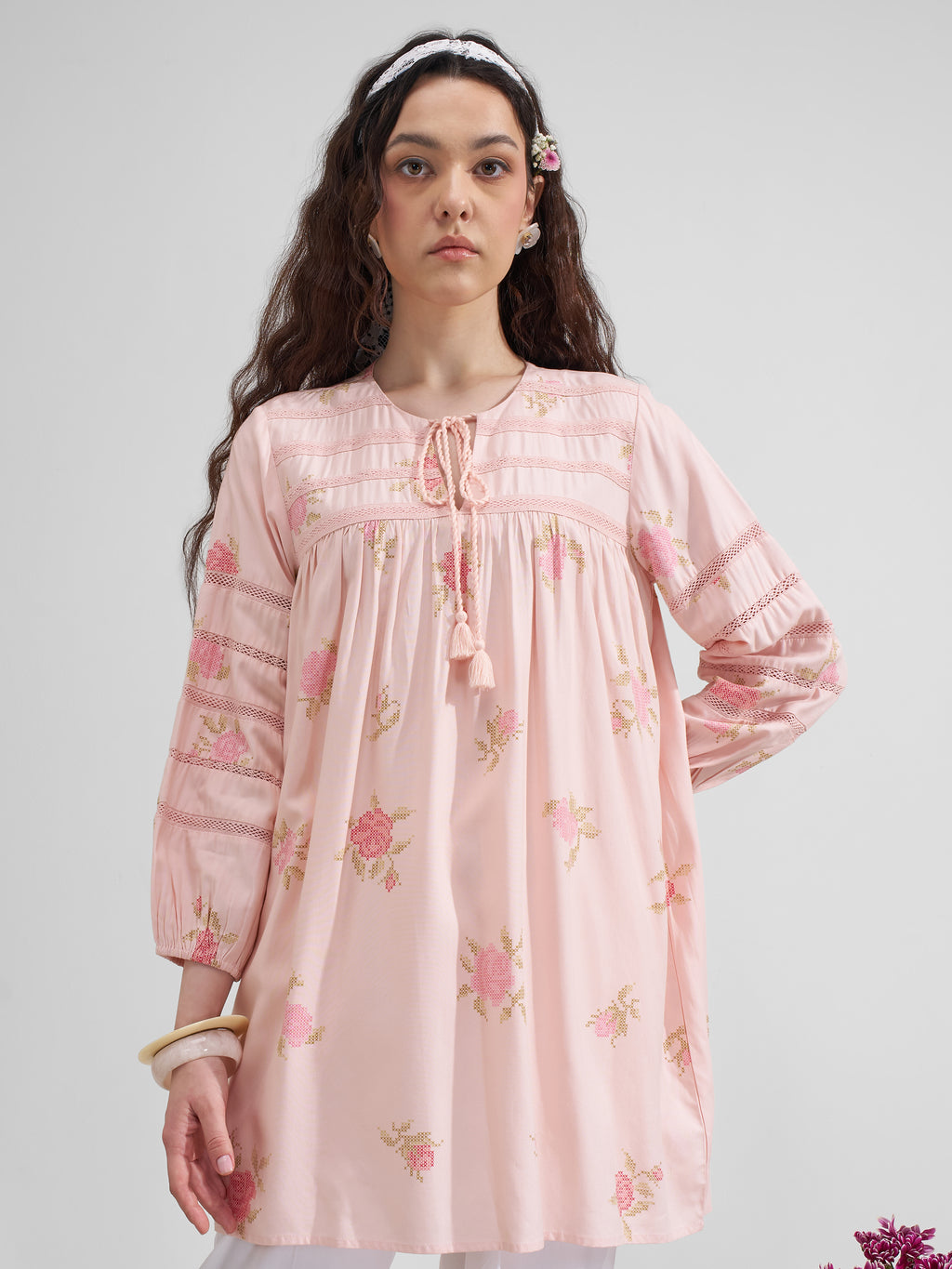 Vara By Vishudh Women Pink Tie-Up Neck Printed Tunic