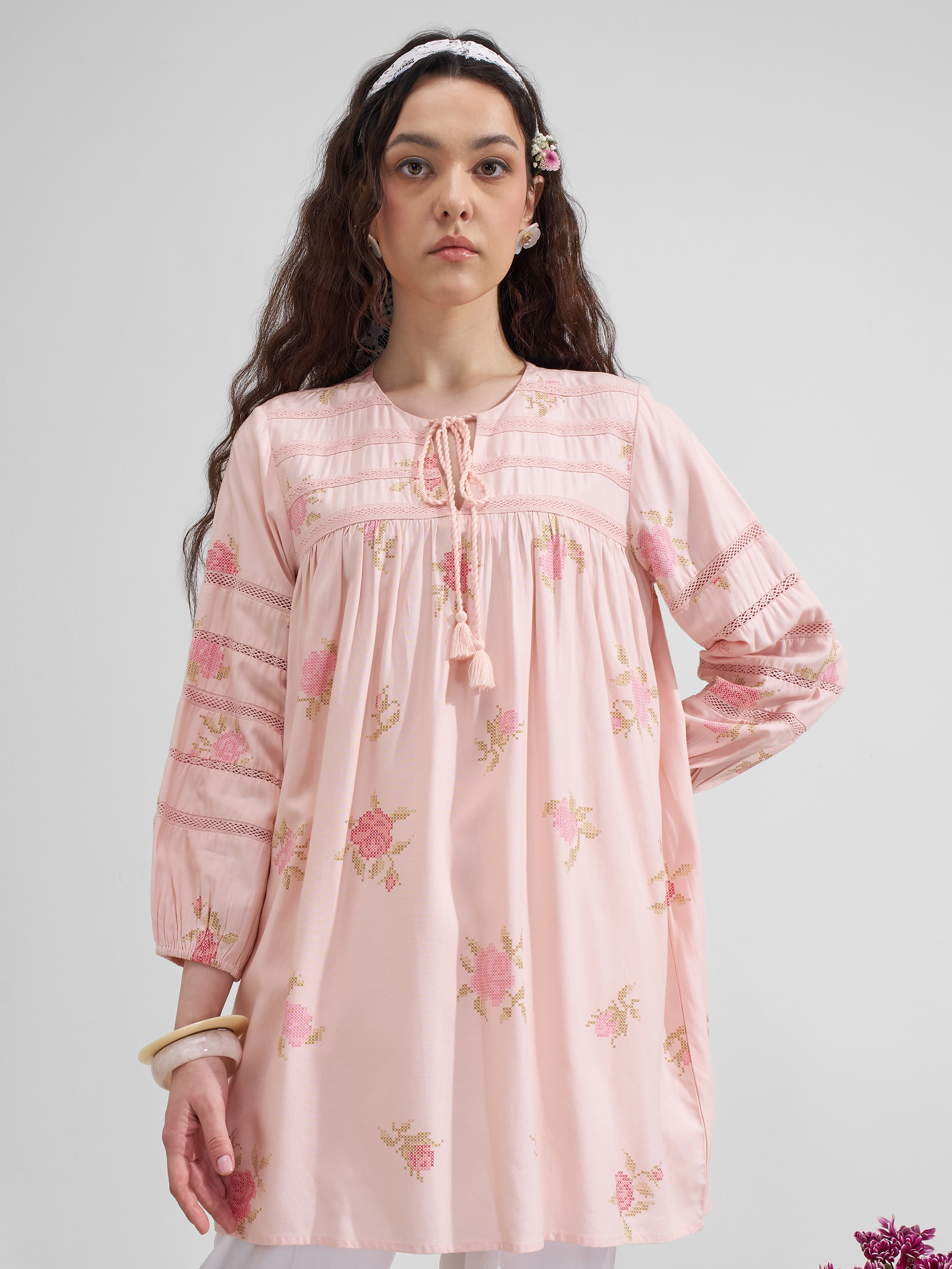 Vara By Vishudh Women Pink Tie-Up Neck Printed Tunic