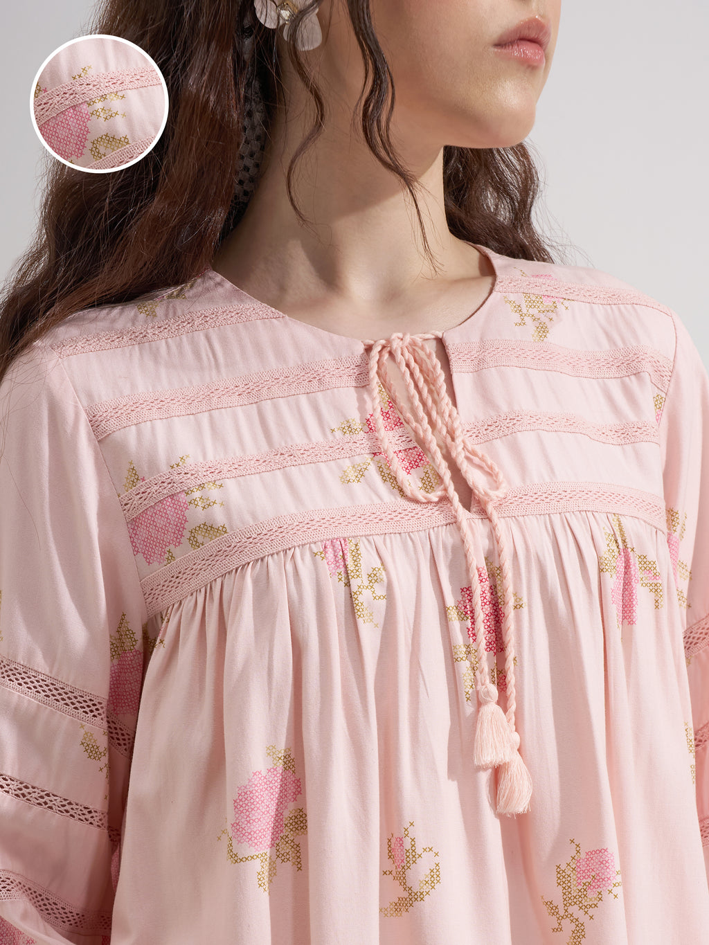Vara By Vishudh Women Pink Tie-Up Neck Printed Tunic
