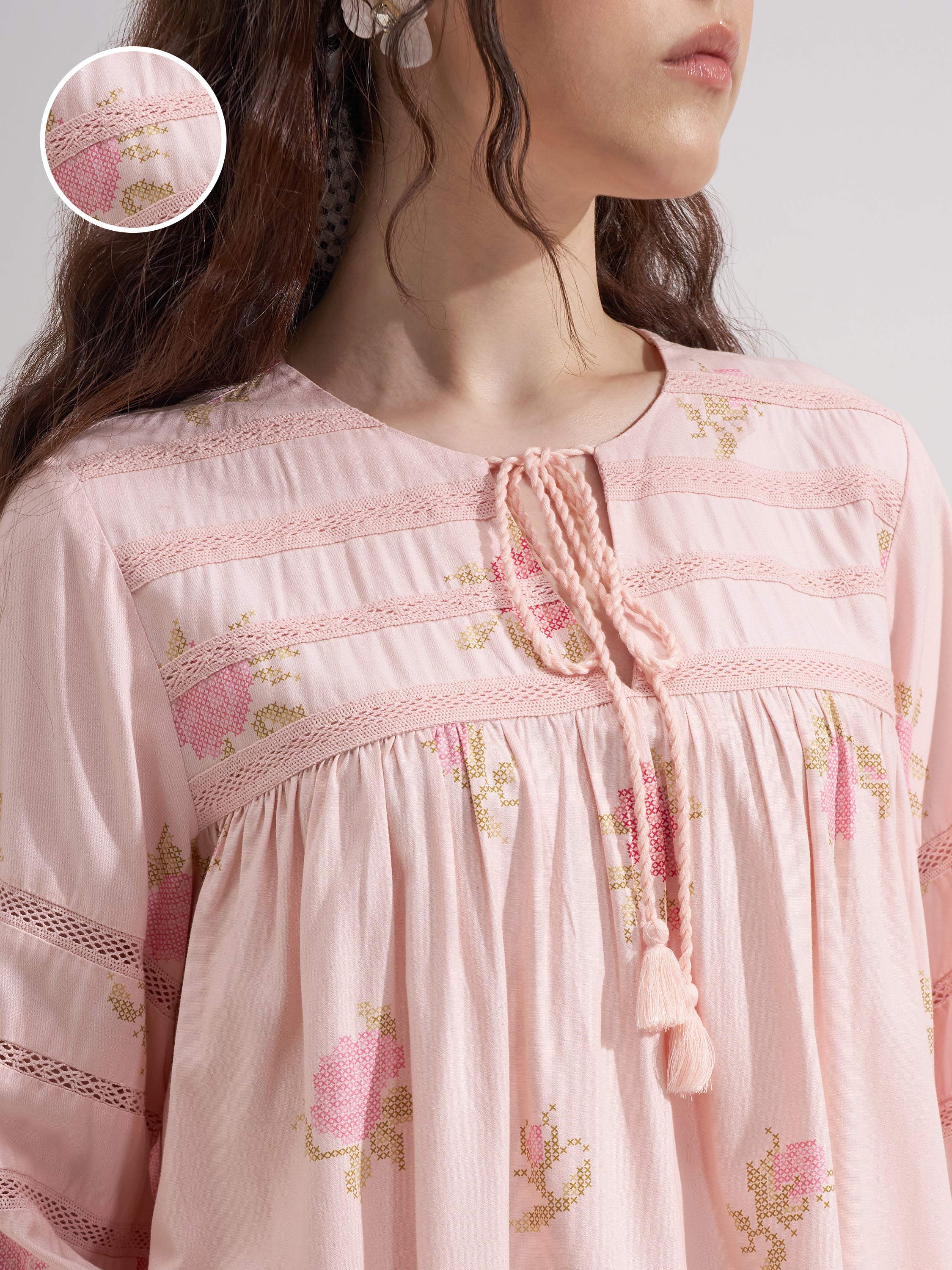 Vara By Vishudh Women Pink Tie-Up Neck Printed Tunic