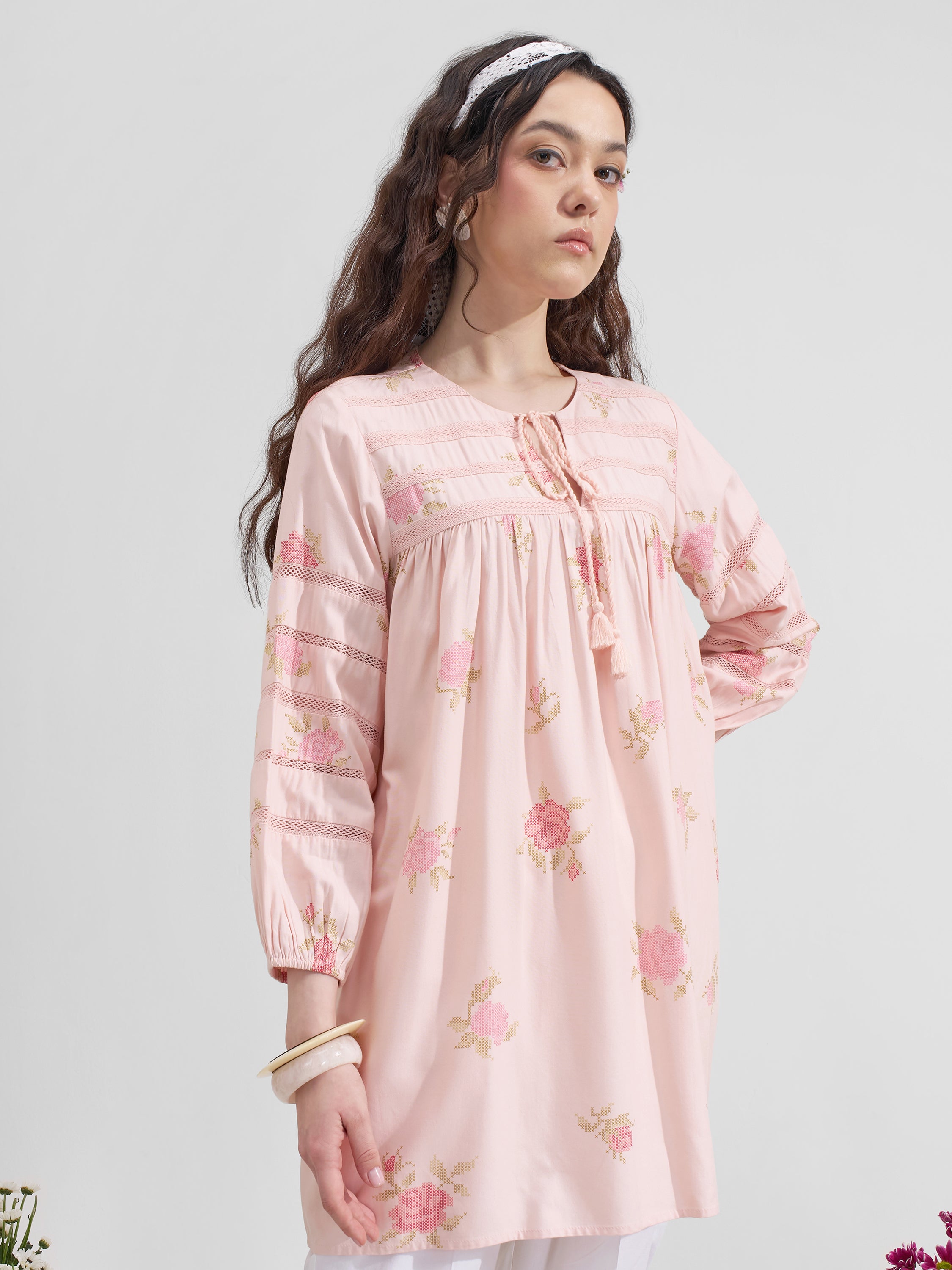 Vara By Vishudh Women Pink Tie-Up Neck Printed Tunic