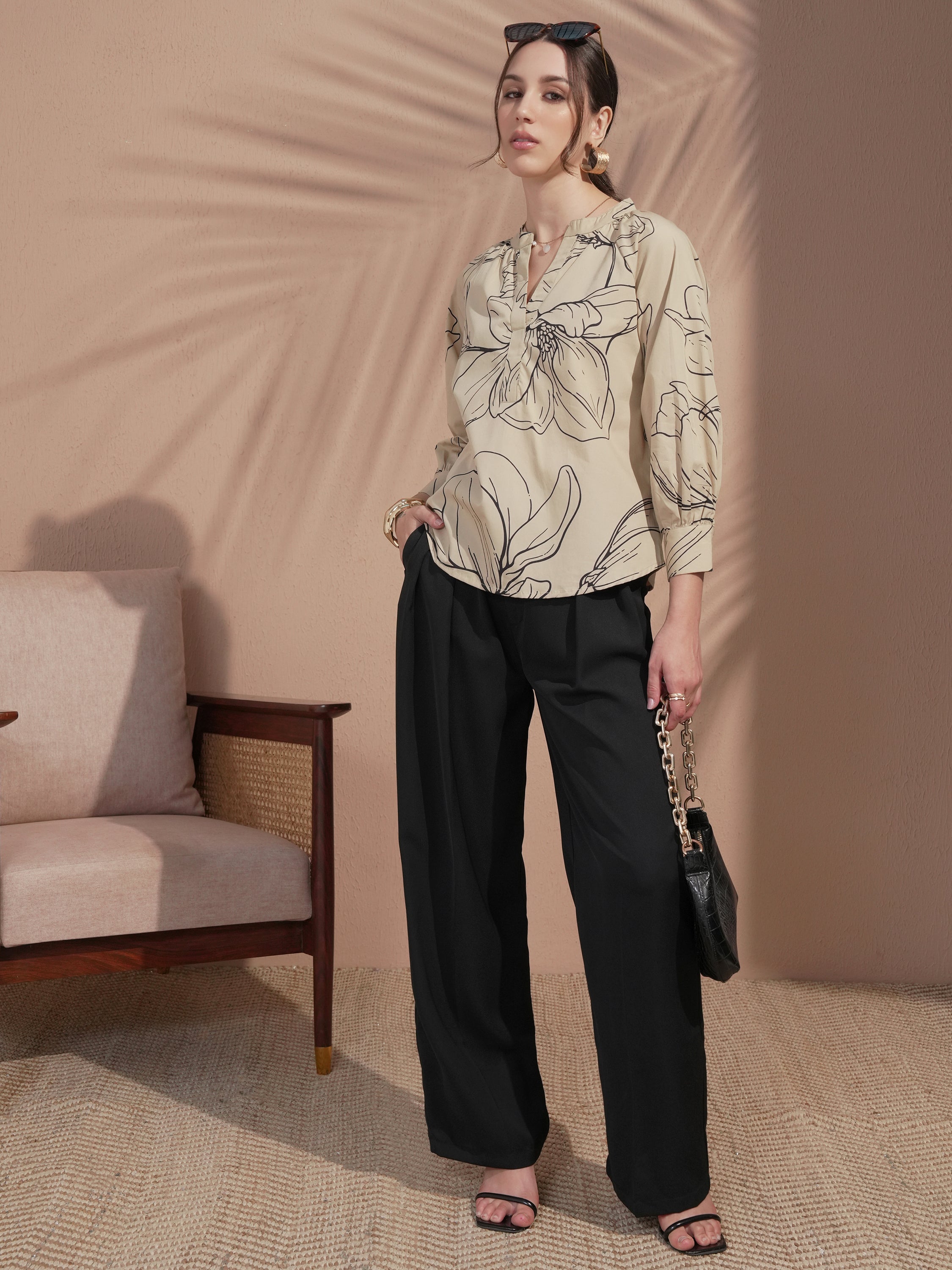 Vara By Vishudh Women Tan Printed Top - Tan - Image 2