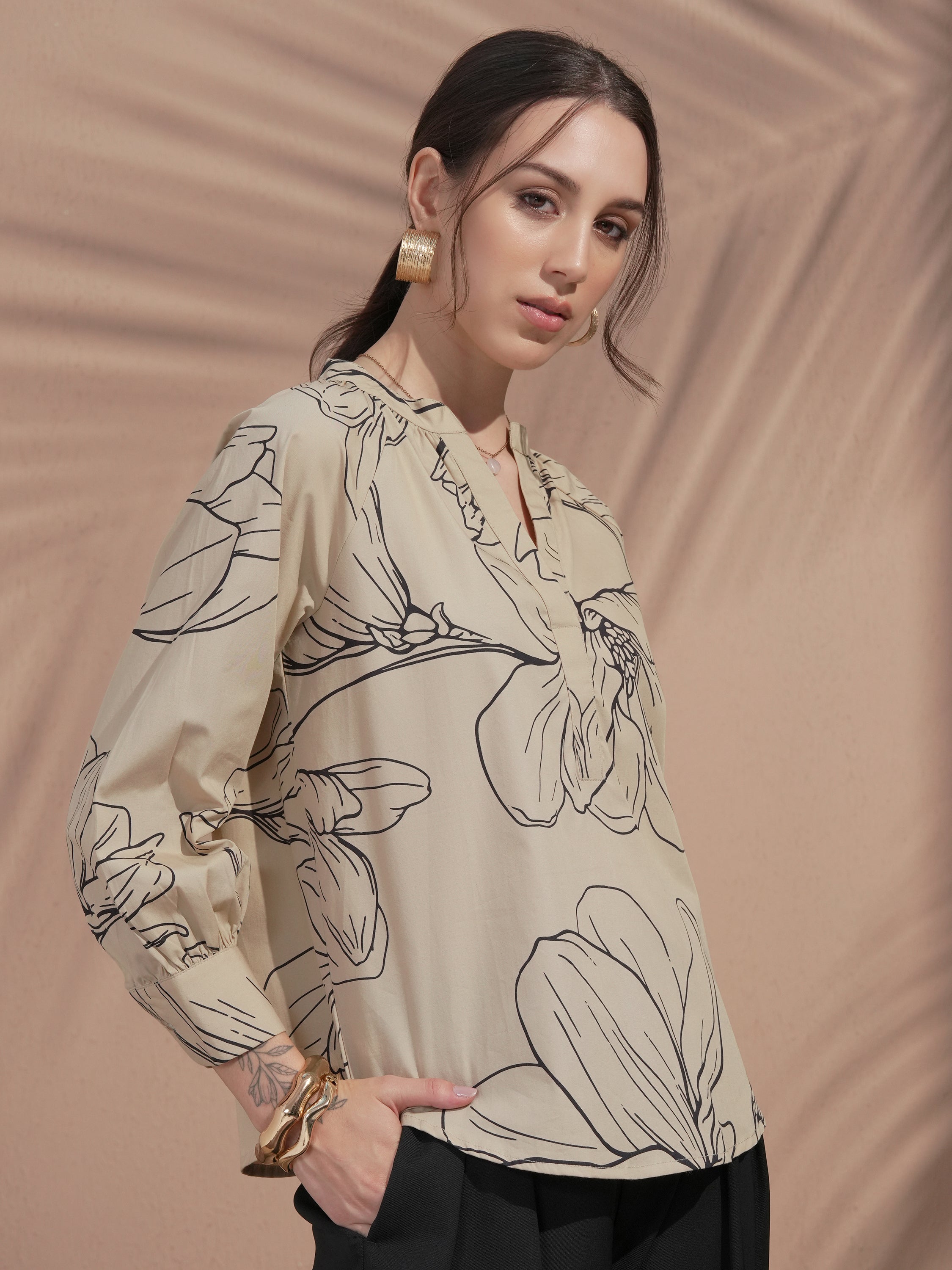 Vara By Vishudh Women Tan Printed Top - Tan - Image 6