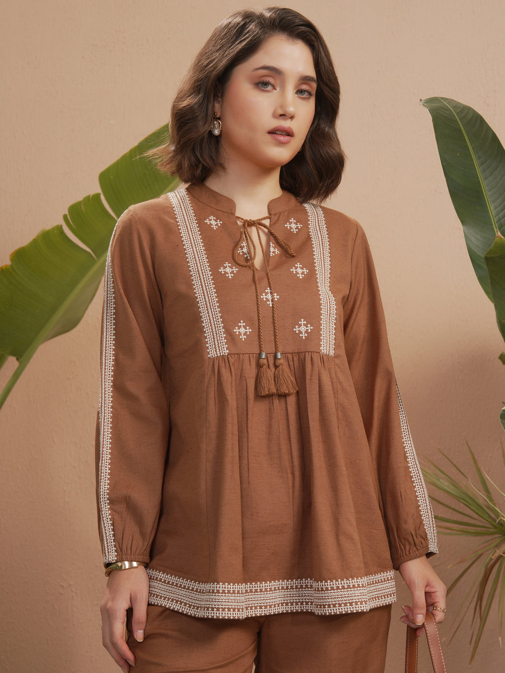 Vara By Vishudh Women Brown Embroidered Top - Brown - Image 1